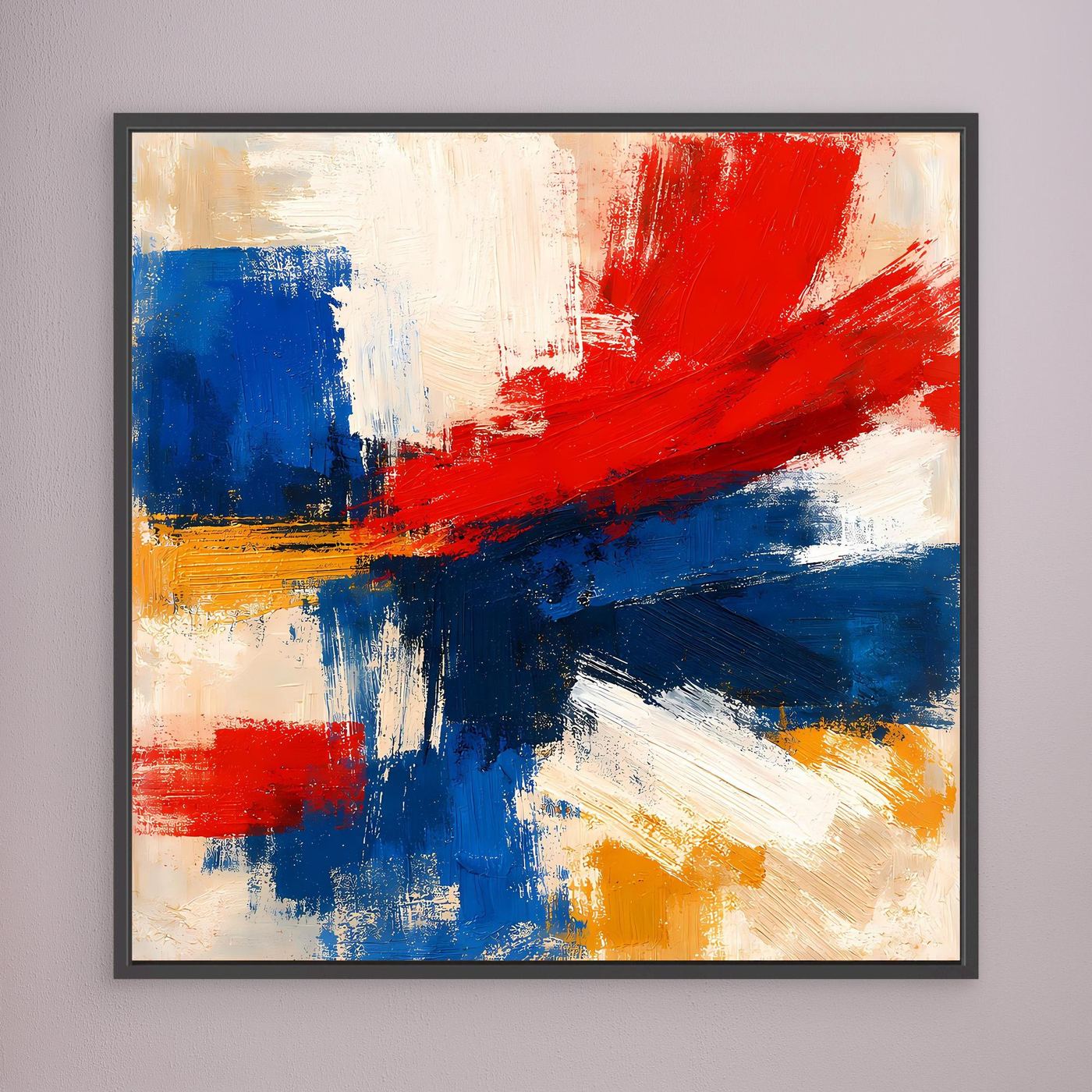 Abstract canvas wall art with red and blue brushstrokes, black frame