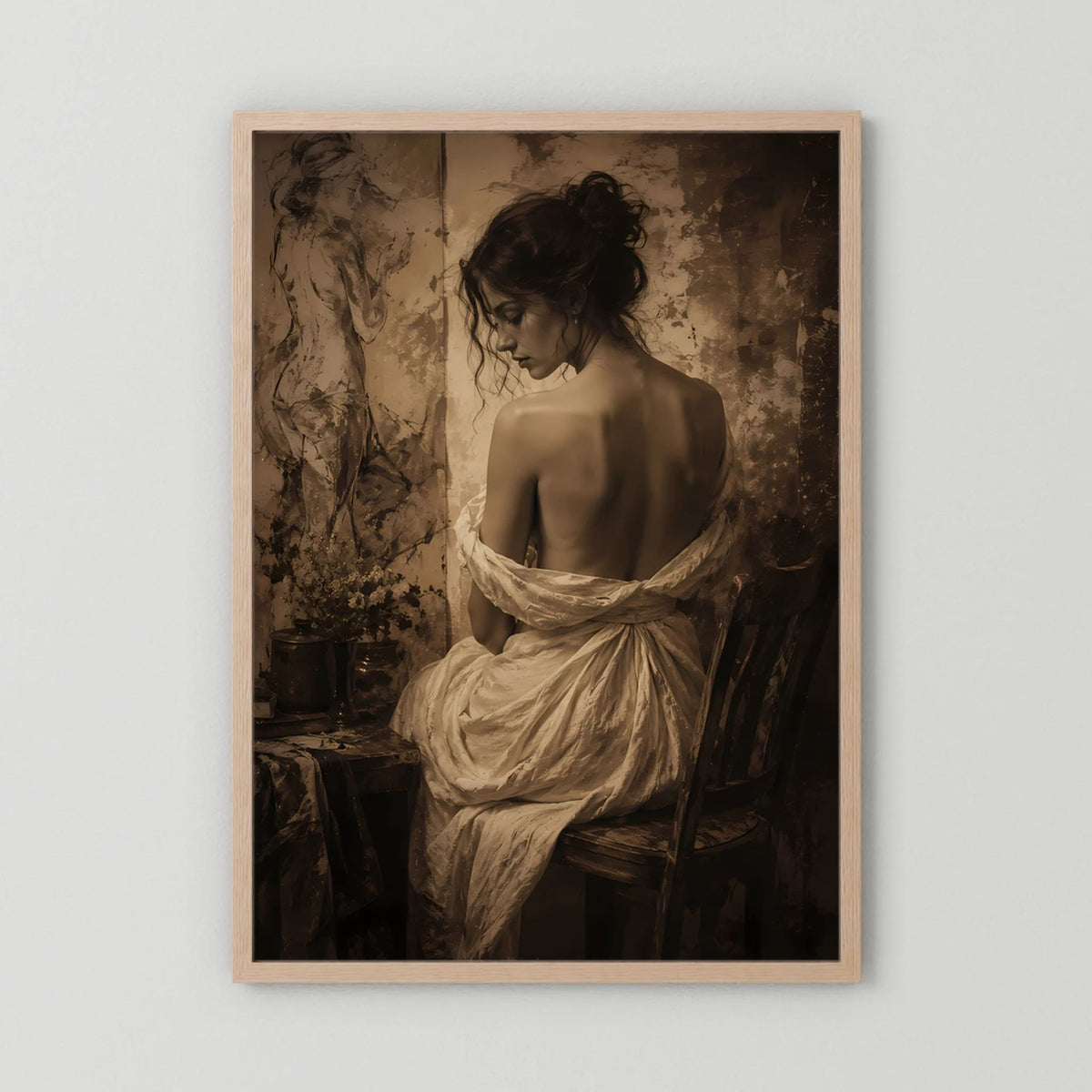 Kunstposter mit Sepia-Porträt einer Frau, heller Holzrahmen, ohne Passepartout