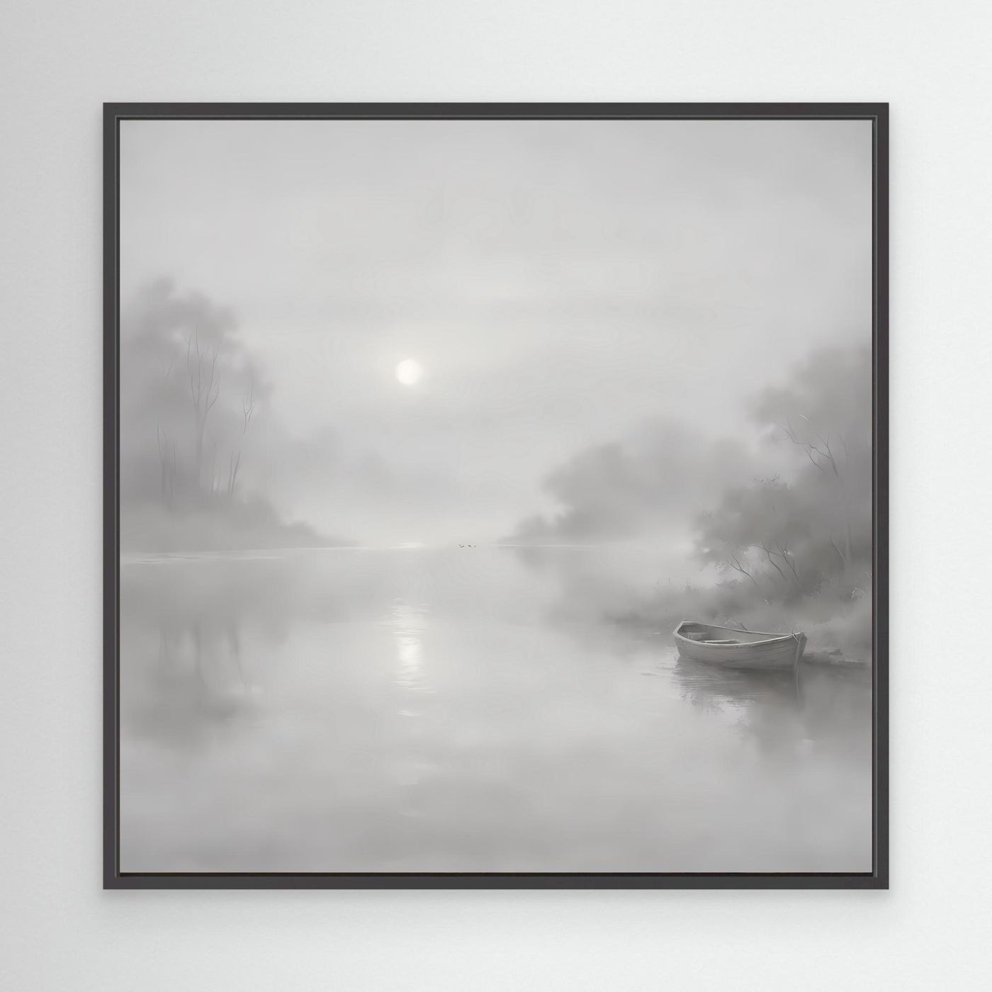 Leinwandbild mit nebligem Flussmotiv in Grau, quadratisch, schwarzer Rahmen