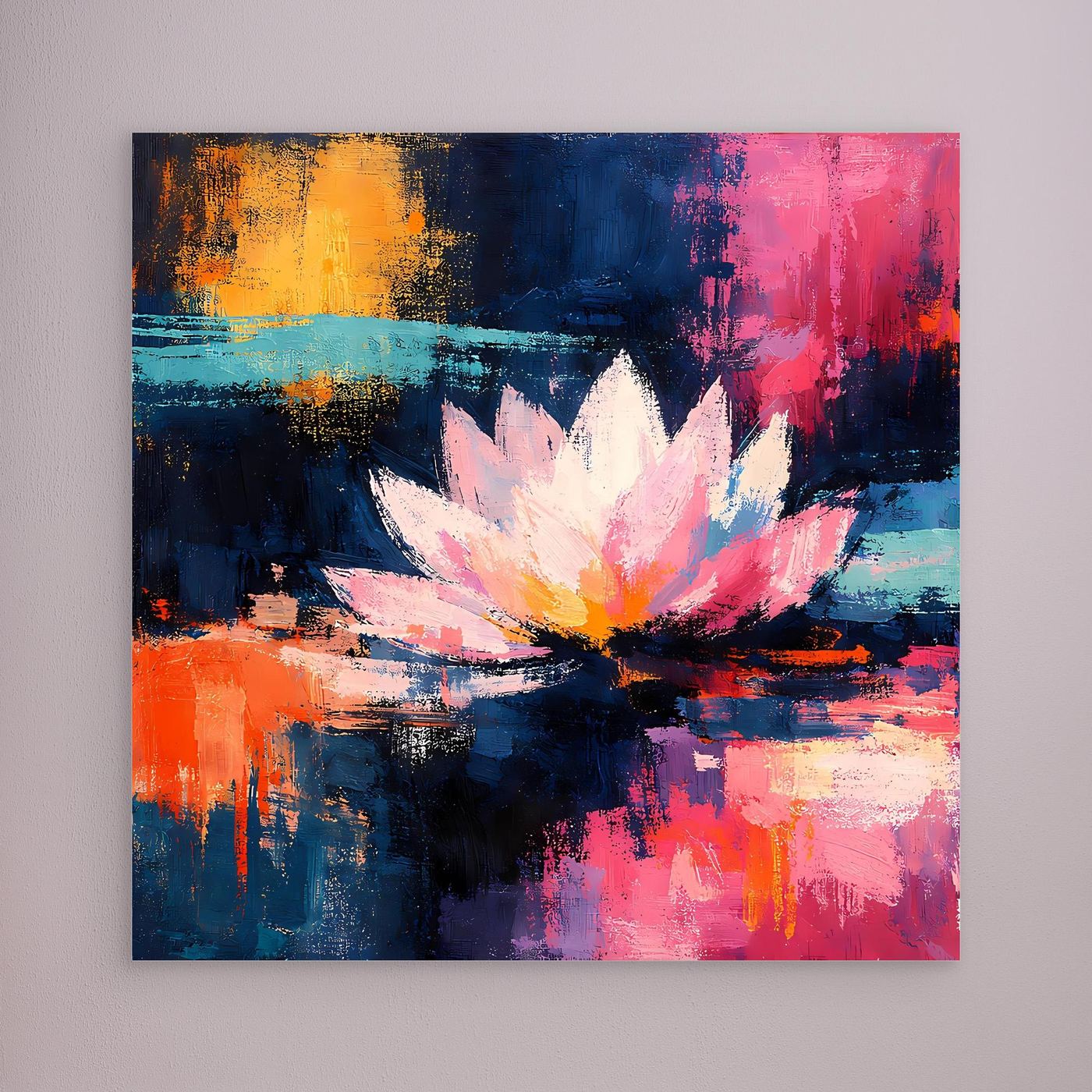 Abstraktes Lotus-Leinwandbild mit leuchtender Blüte, orange-blau-pink, ohne Rahmen