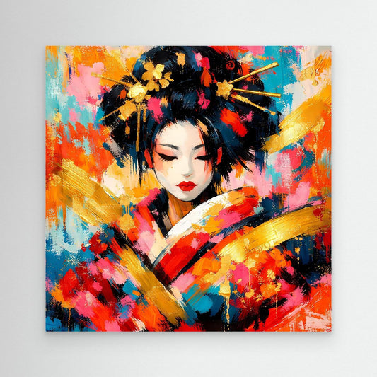 Leinwandbild mit abstraktem Geisha-Porträt, bunte Pinselstriche und Goldakzente