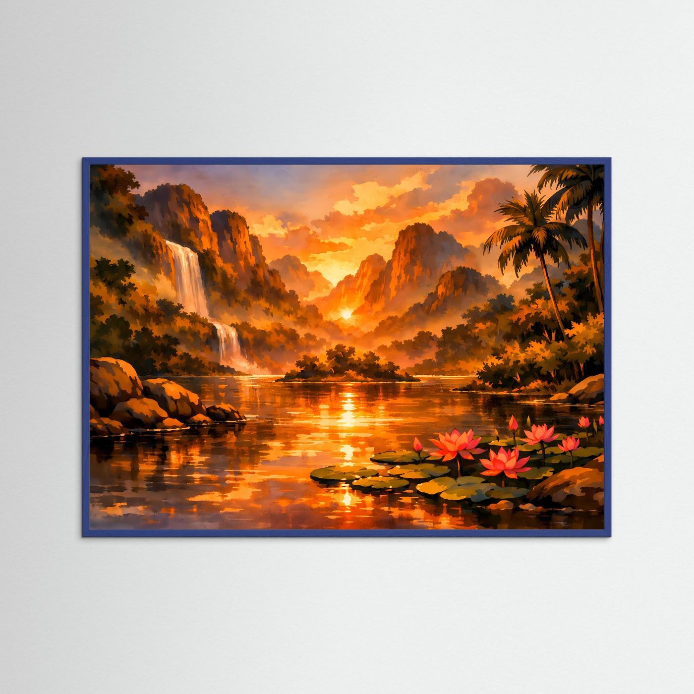 Gerahmtes Querformat-Poster mit Flusstal im Sonnenuntergang und Wasserfall im Dschungel