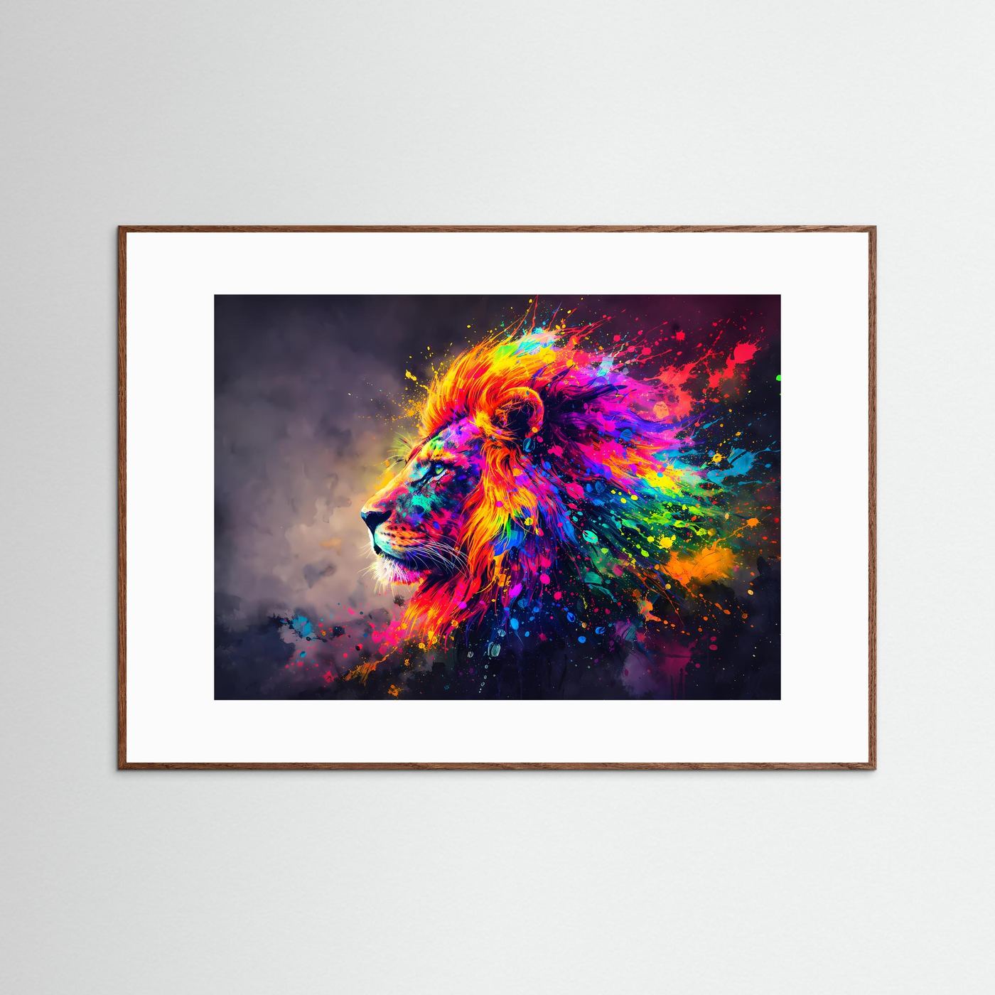 Wandbild mit Löwenkopf in Regenbogenfarben, Querformat, brauner Holzrahmen