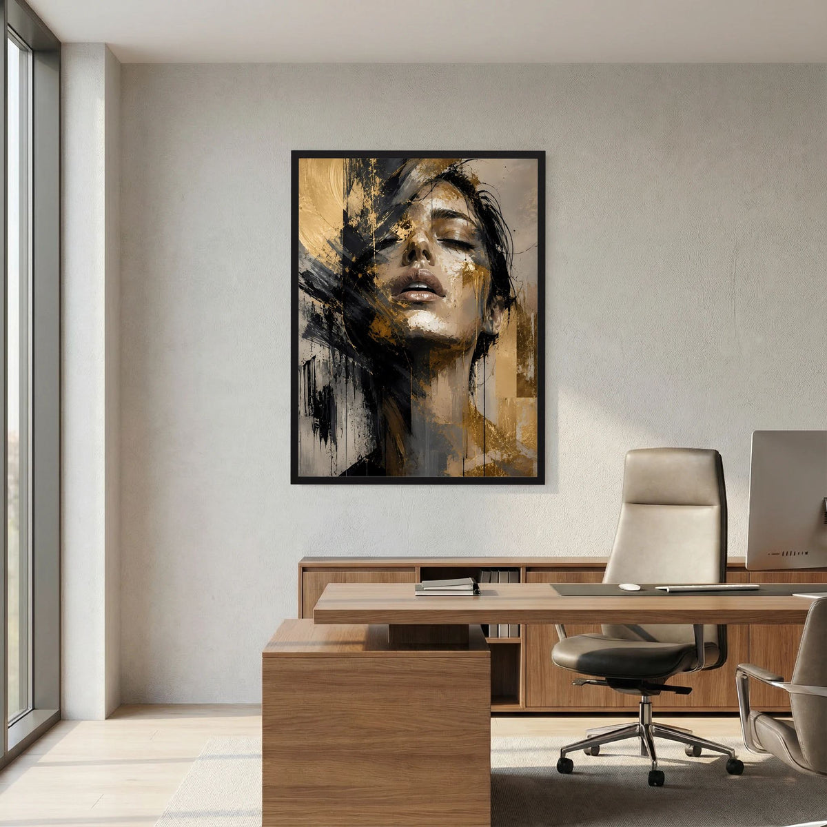 Gerahmtes abstraktes Frauenporträt-Poster mit goldenen Highlights und schwarzen Konturen