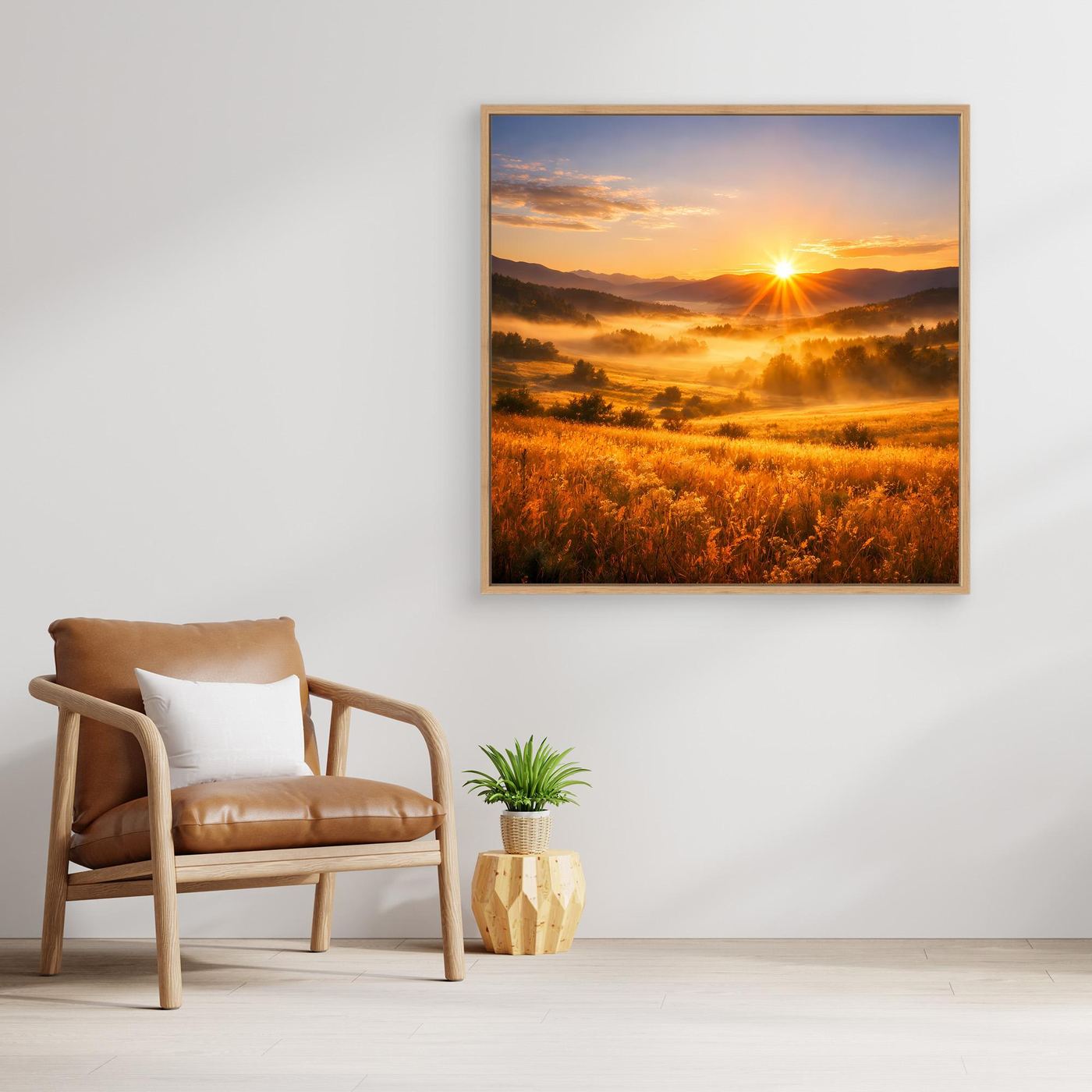 Leinwandbild Sonnenaufgang im Bergtal, goldfarbener Rahmen, warme Felder und Nebelschwaden