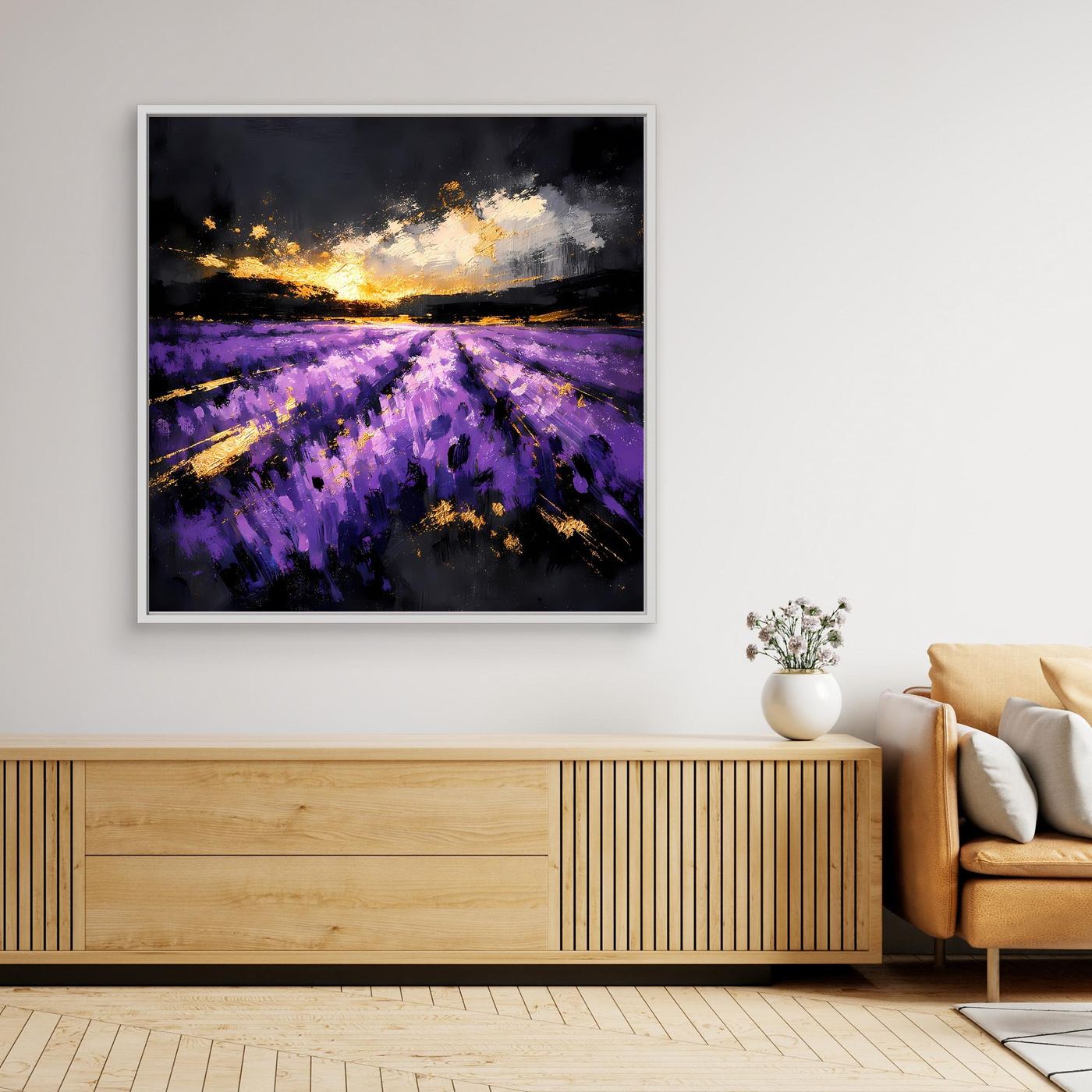 Leinwand Magisches Lavendelfeld bei Sonnenuntergang | Abstraktes Natur Wandbild