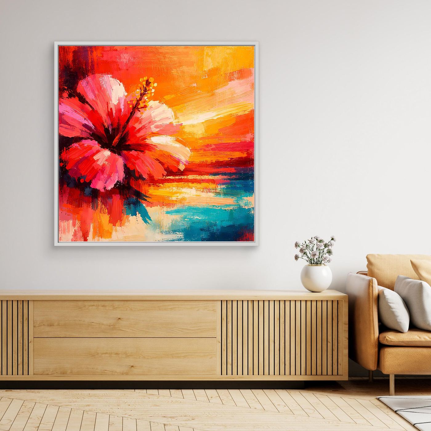 Leinwand Abstraktes Hibiskusblütenbild am Meer | Modernes Küsten Wandbild Bunt