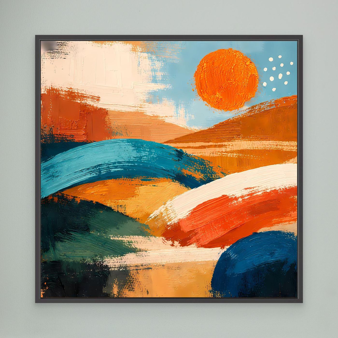 Framed canvas wall art with dark frame, abstract orange and blue hills and orange sun