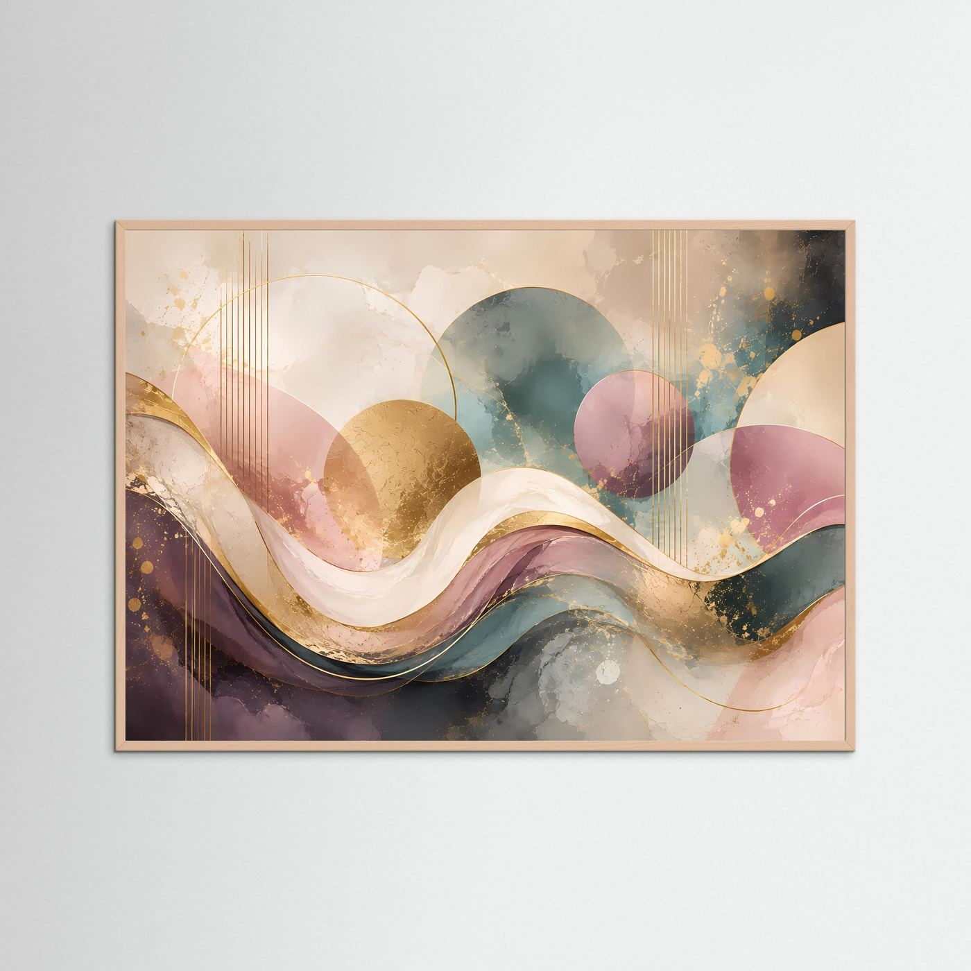 Abstrakte Wellen Poster Querformat | Moderne Wandkunst in Rosa, Gold, Petrol & Creme | Elegantes Luxus Wandbild mit geometrischen Formen