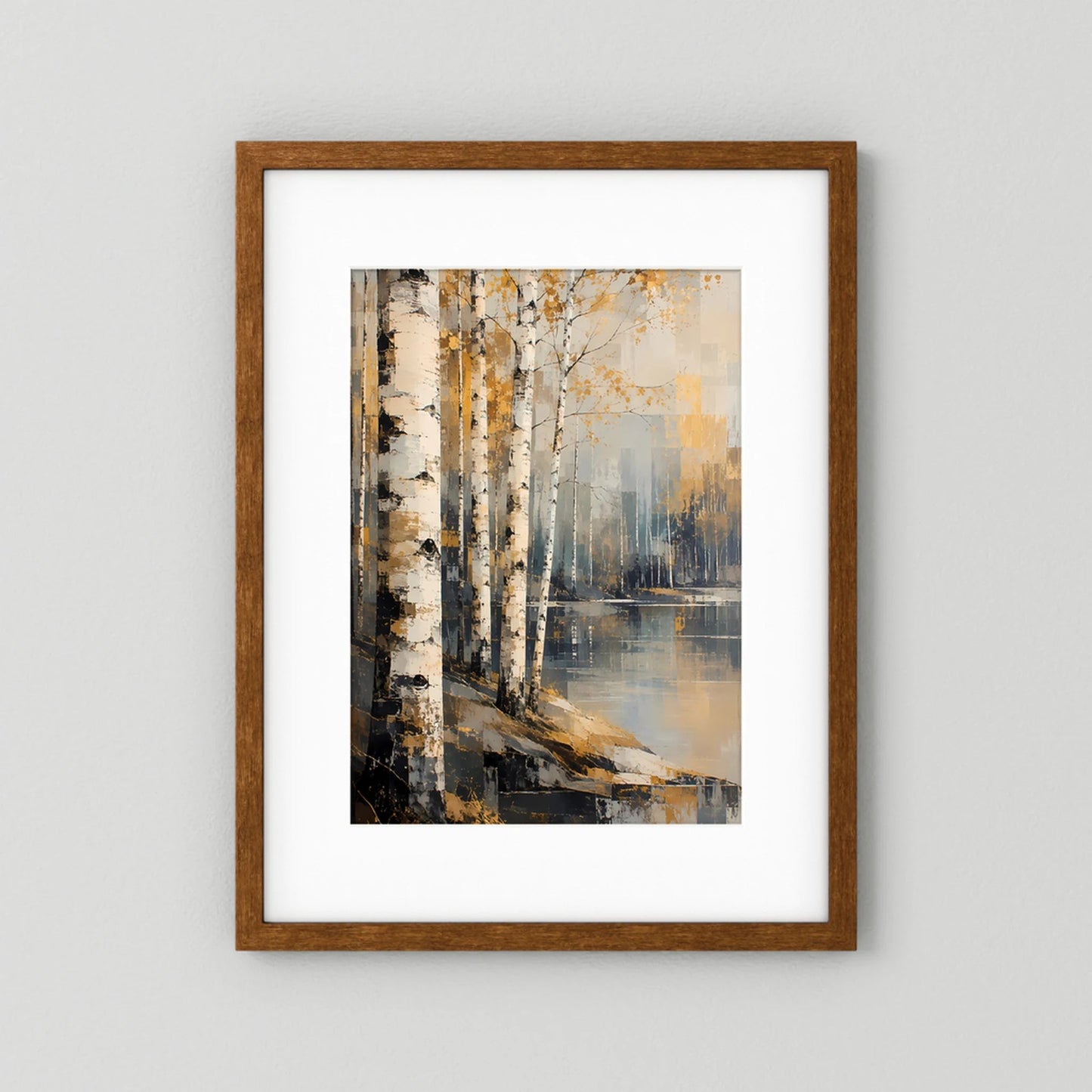 Poster im Hochformat mit abstrakter Birkenwaldlandschaft in Gold und Beige, brauner Holzrahmen