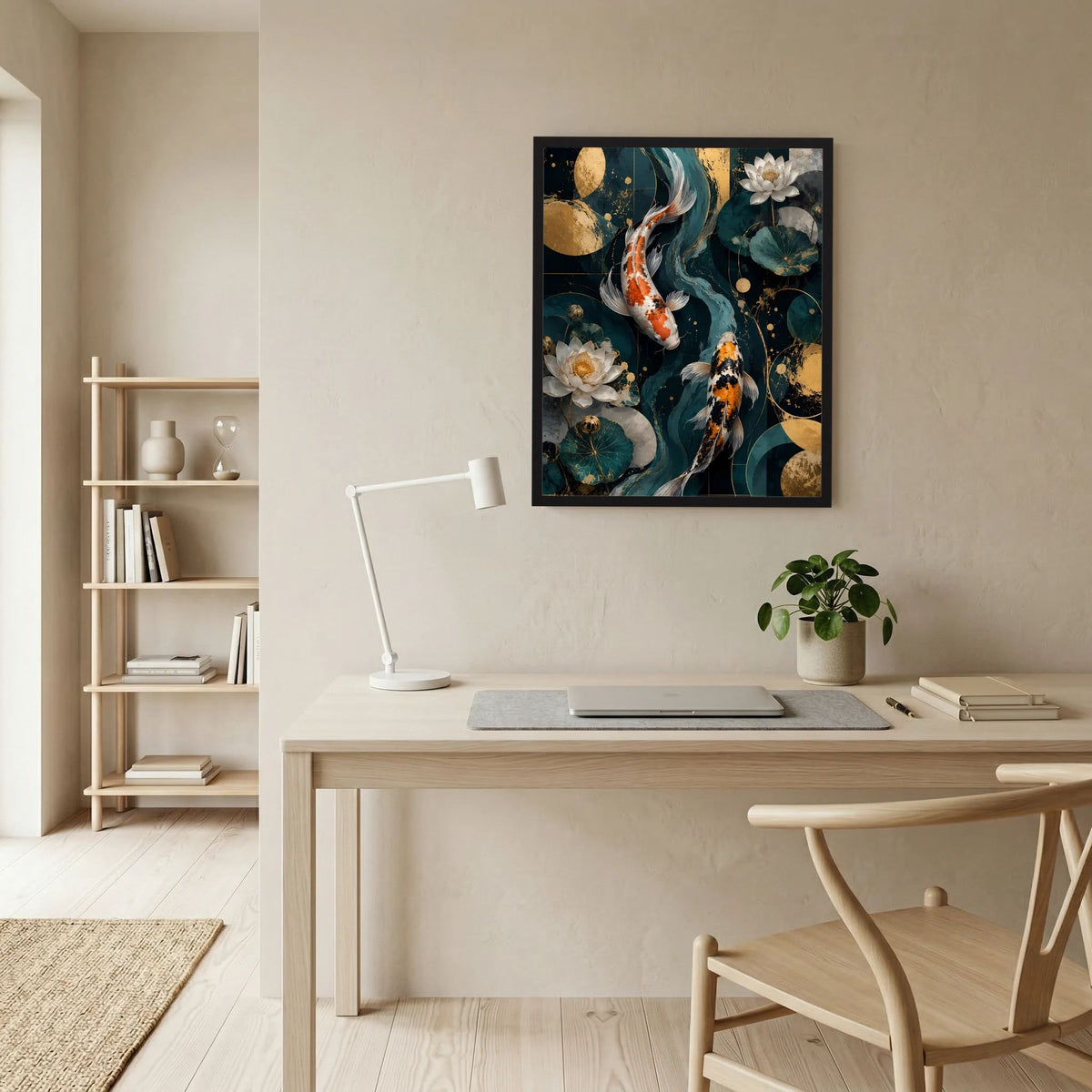 Gerahmtes Poster mit Koi-Fischen und Lotusblüten in Petrol und Gold, Hochformat