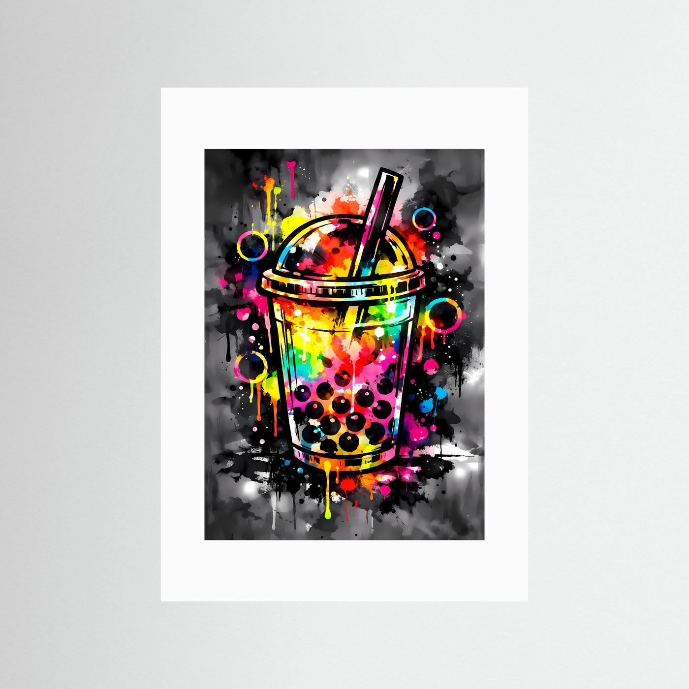 Die Kunst des Trends | Neon Bubble Tea Poster in Regenbogenfarben & Schwarz | Abstraktes Pop-Art Kunstposter Hochformat