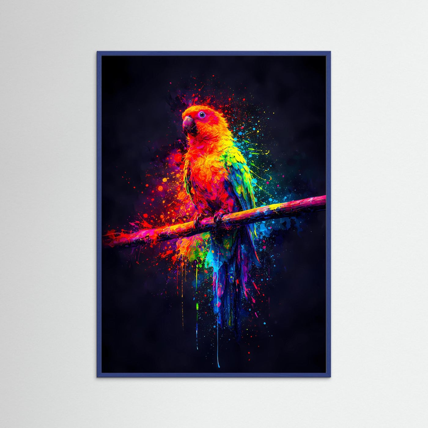Tropische Farbexplosion | Neon Papagei Poster in bunten Regenbogenfarben | Abstraktes Kunstposter Hochformat