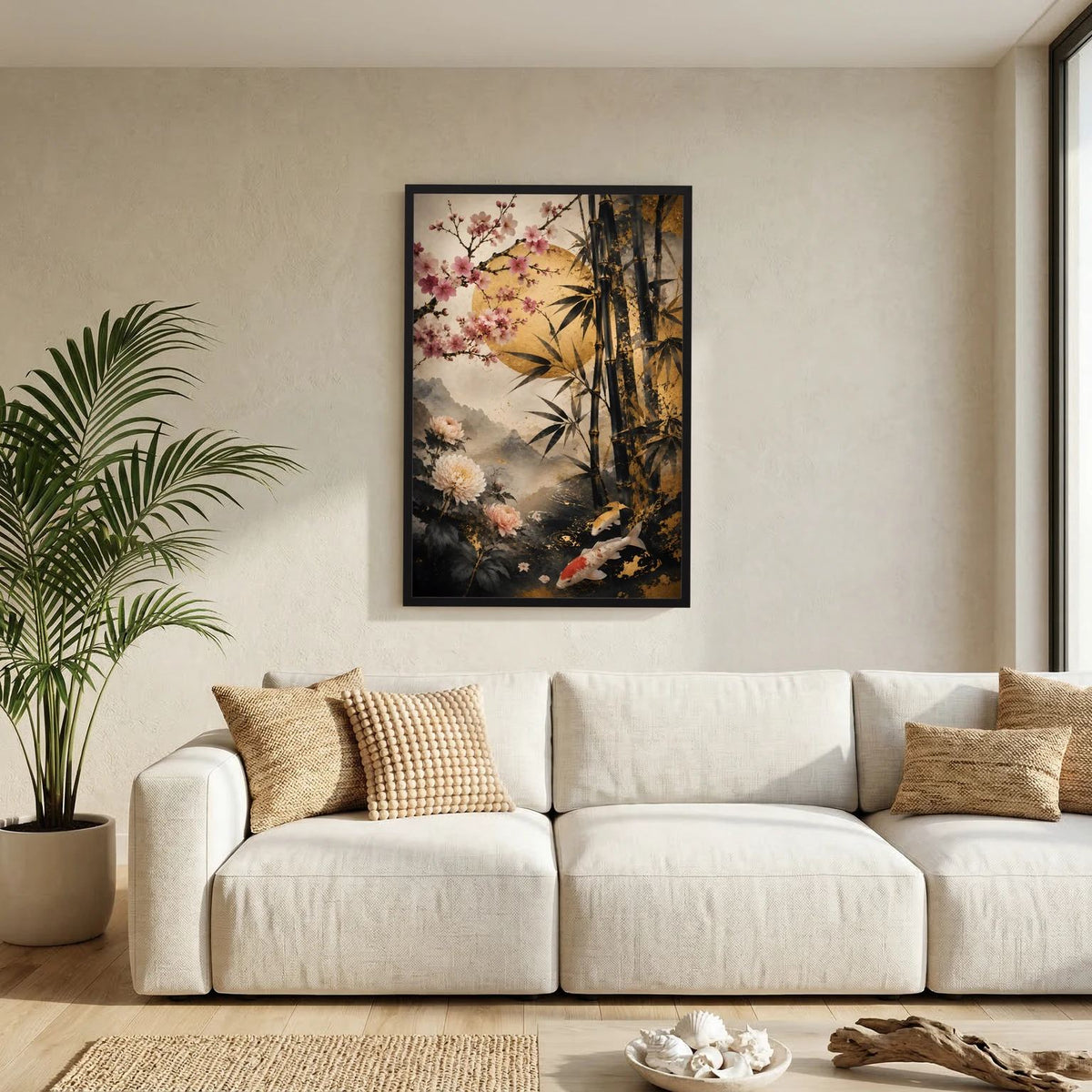 Japanposter Hochformat mit Koi, Kirschblüten und Bambus im Schwarz-Gold-Look, klein, schwarz gerahmt