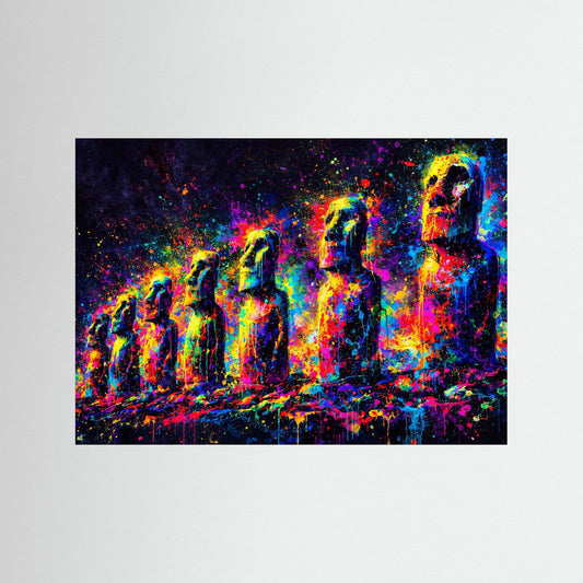 Moai-Poster im Farbrausch, Querformat, mit dunklem Rahmen und bunten Pop-Art-Statuen