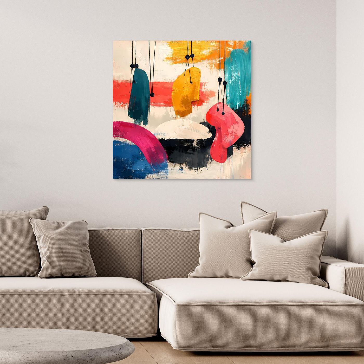 Abstract wall painting with colorful organic hanging shapes, framed, in a living room