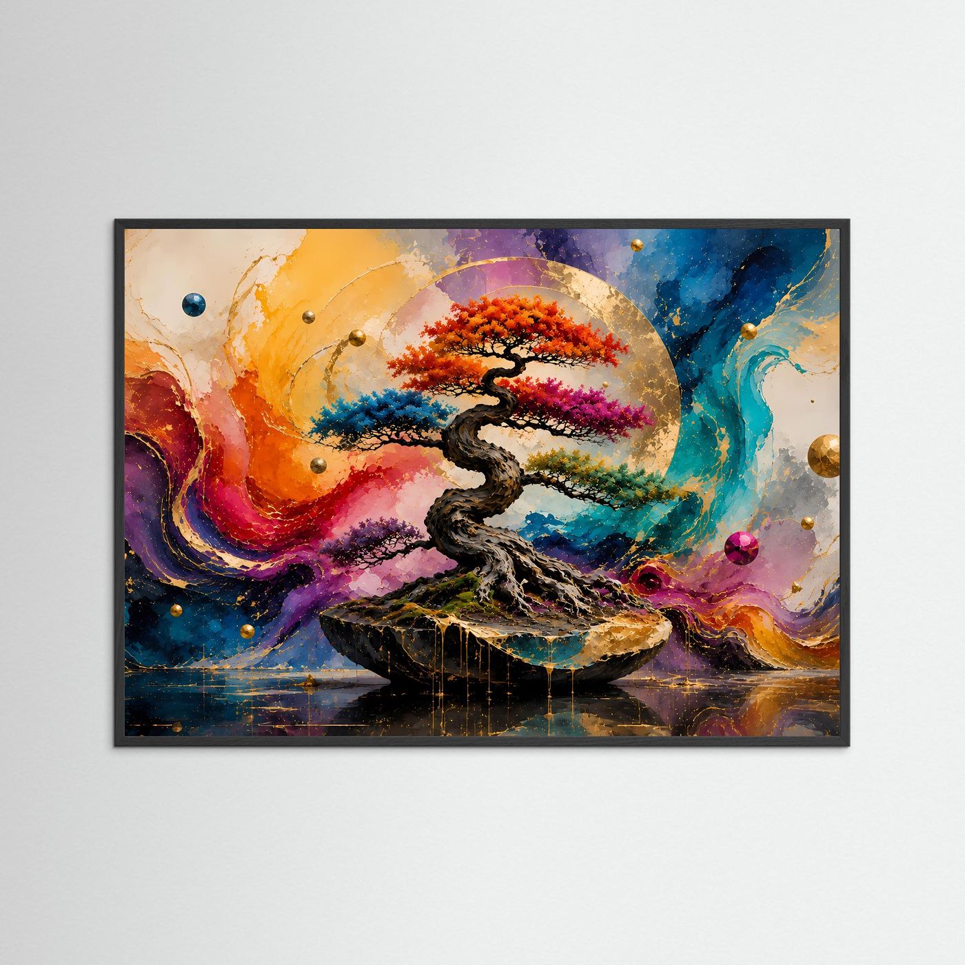 Abstrakter Bonsai in leuchtenden Farben | Japanische Kunst & Goldakzente
