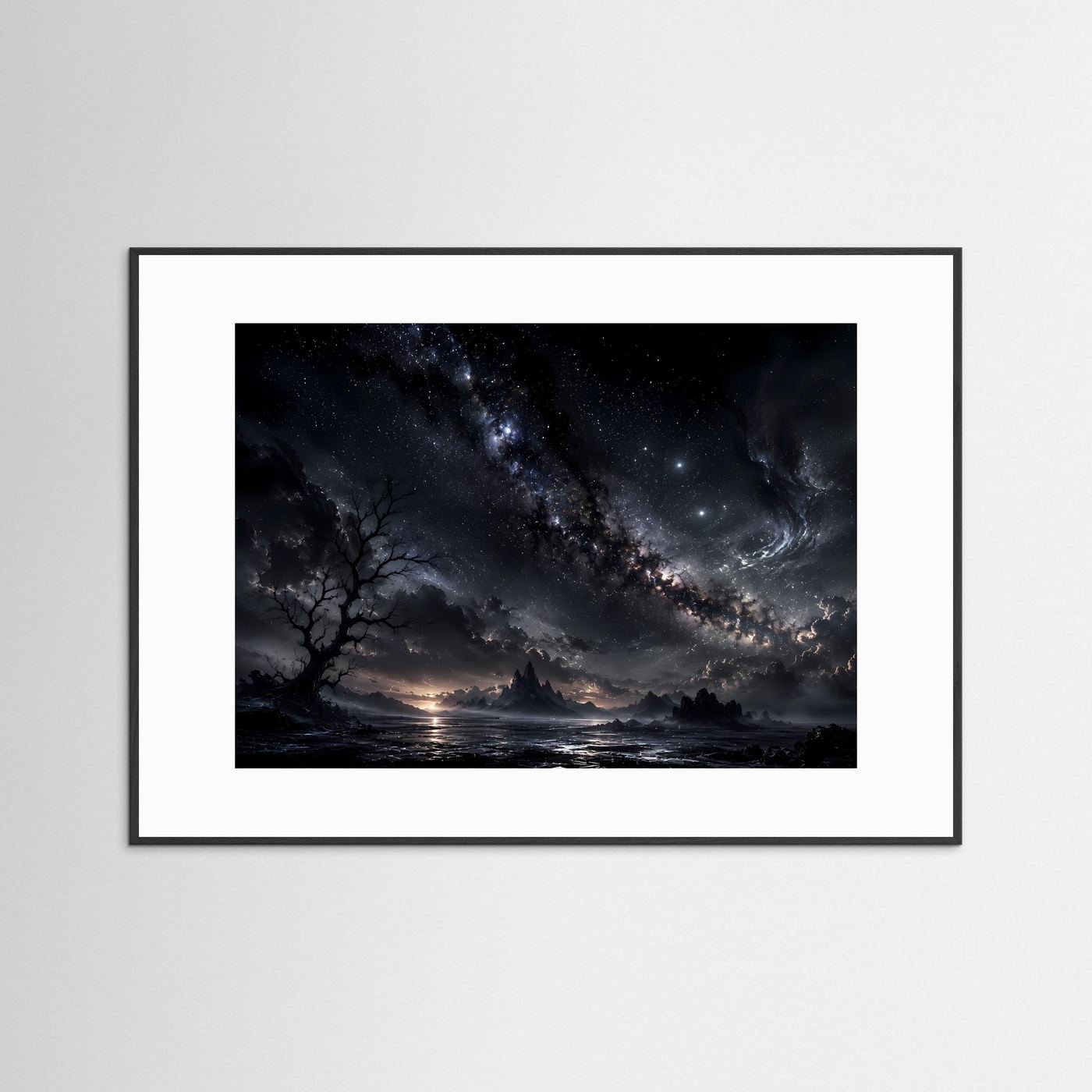 Milchstraße Poster Schwarz Weiß | Mystischer Sternenhimmel Landschaft | Kosmische Nacht Wandbild | Fantasy Himmel | Moderne Himmelskunst