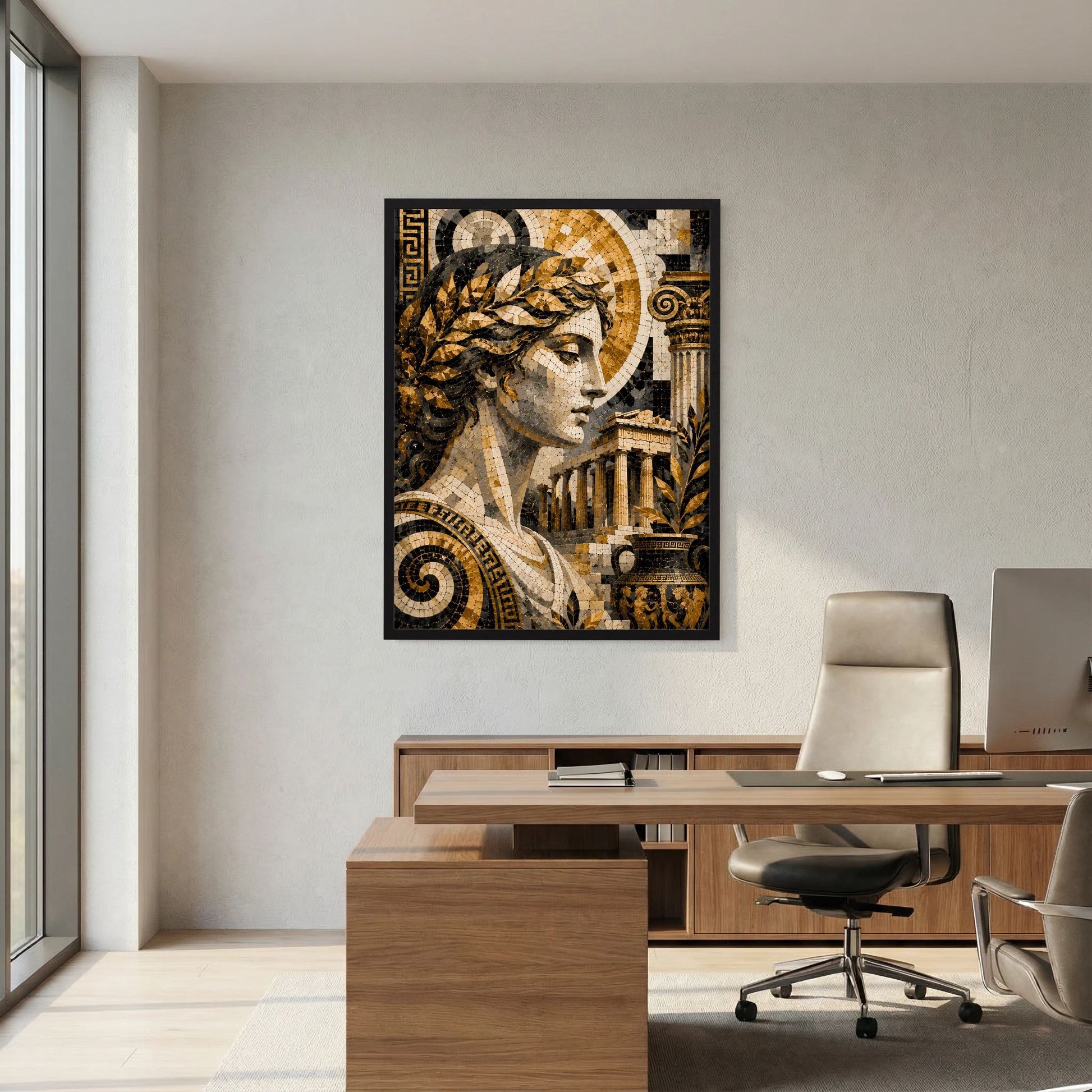 Poster mit antiker Mosaik-Göttin, goldene Akzente, dunkles Hintergrundmosaik, schwarzer Rahmen