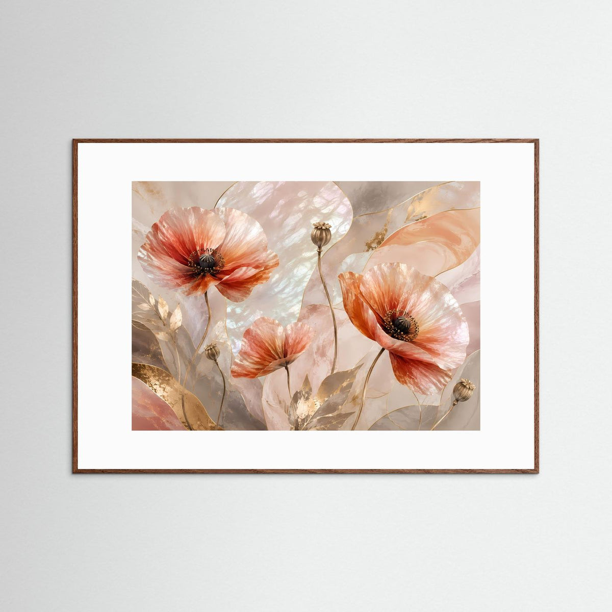 Gerahmtes Querformat-Poster mit Mohnblumen-Motiv in Pastell, rosé und perlmutt