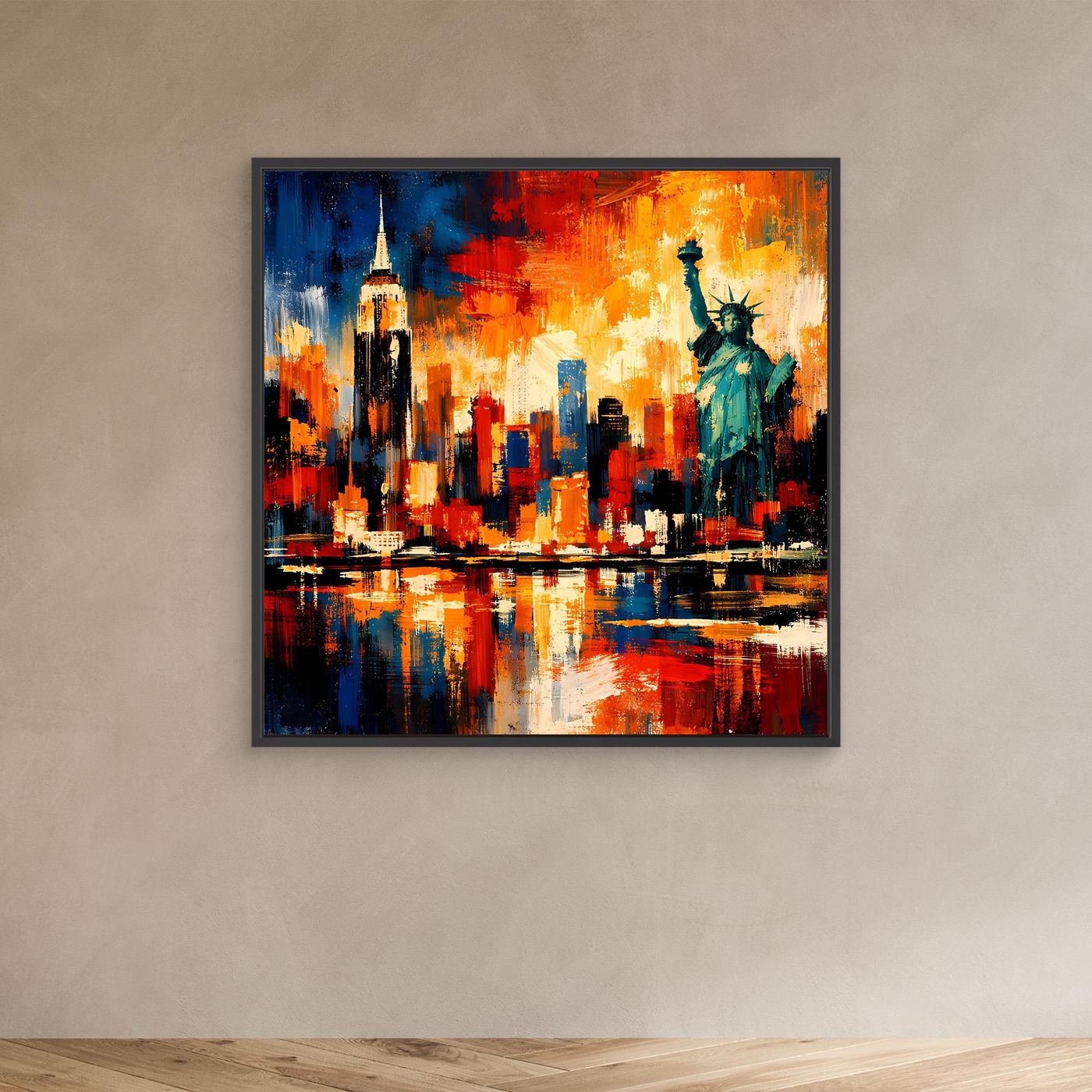 Leinwandbild abstrakte Skyline mit Freiheitsstatue im schwarzen Rahmen, rot-blau-gelb