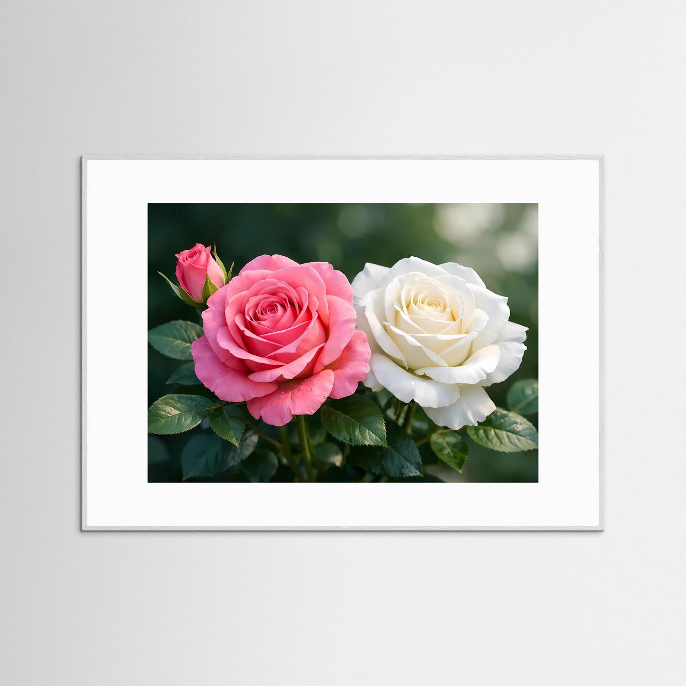 Blumenposter mit rosa und weißer Rosenblüte, grauer Rahmen