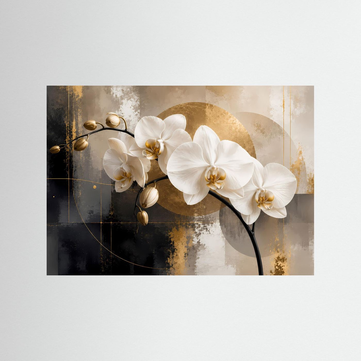 Querformatiges Orchideenbild auf Leinwand: weiße Orchideenblüten, gold-schwarze Akzente