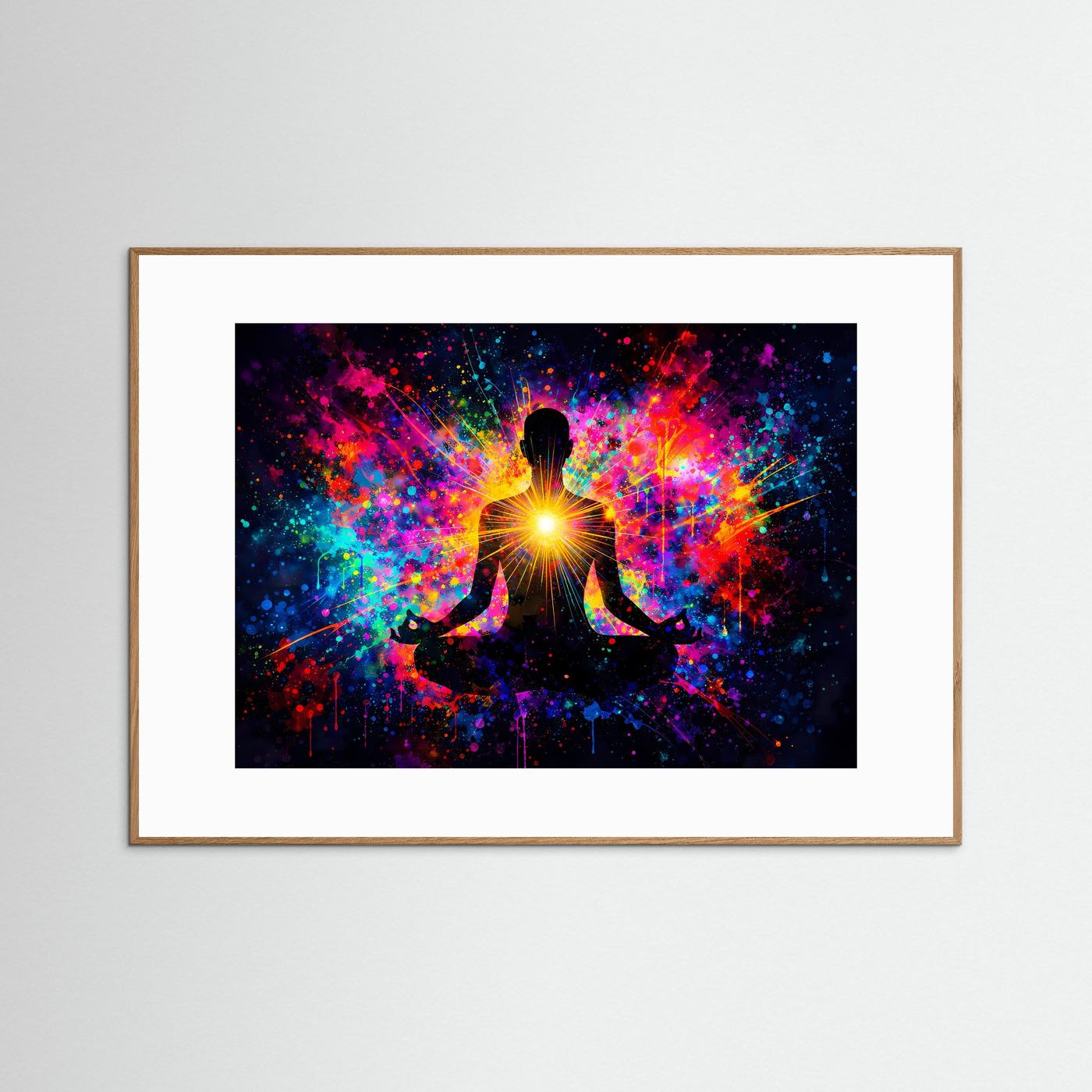 Meditationsposter mit sitzender Meditationsfigur und Herz-Chakra, hellbrauner Holzrahmen