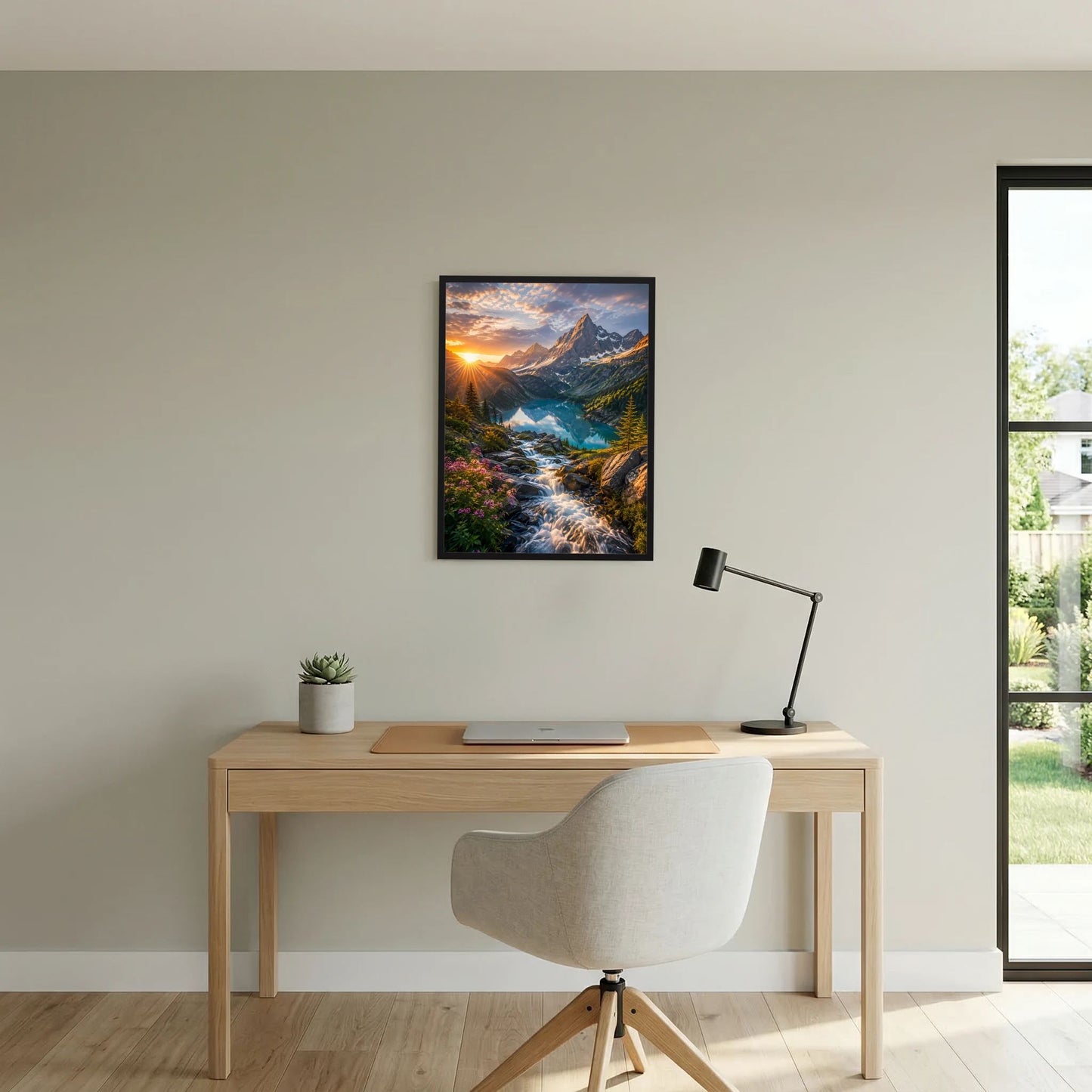 Gerahmtes Poster: Flusslauf durch Berge, Wasserfall und goldenes Licht im Tal
