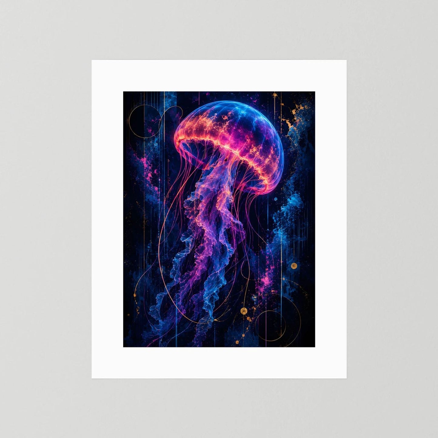 Leuchtendes Quallenposter mit neonfarbenem Quallenmotiv in Pink, Blau und Gold, weißer Rahmen