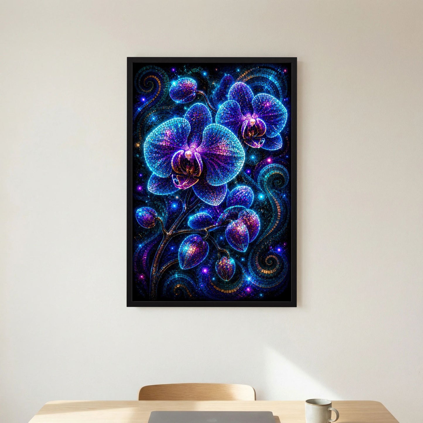 Gerahmtes Poster mit leuchtenden blau-violetten Orchideen-Mosaiken, schwarzer Rahmen