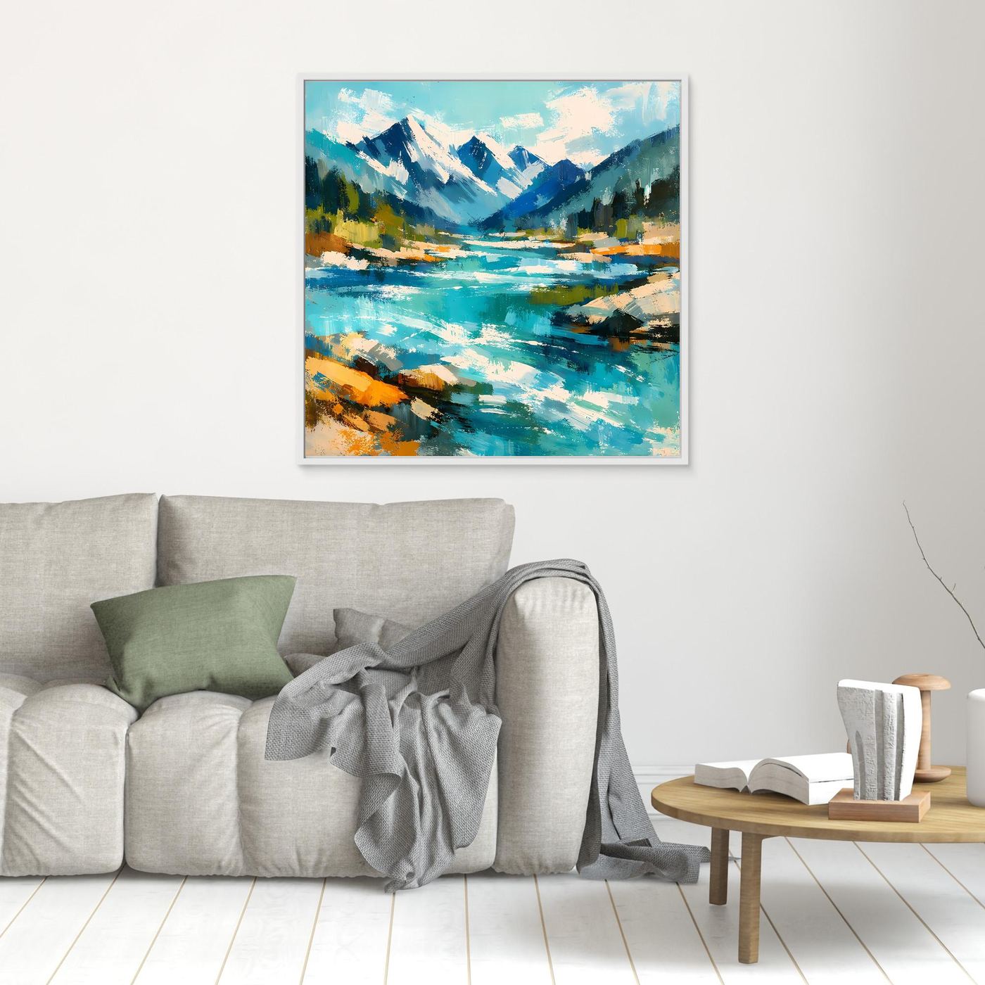 Leinwand-Wandbild mit abstrakter Alpenlandschaft am Fluss, heller Rahmen