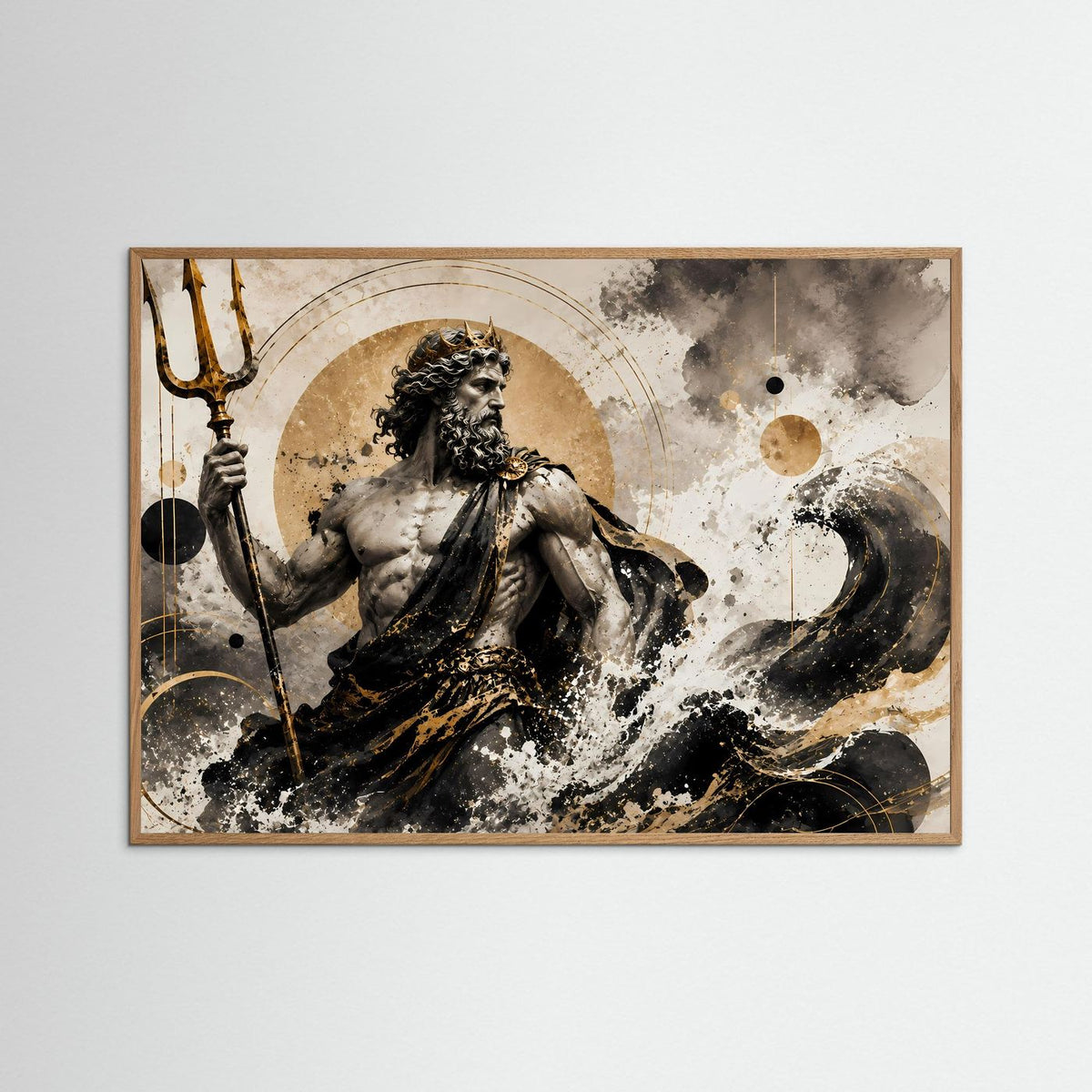 Gerahmtes Querformat-Poster Poseidon, Dreizack links, Wasser spritzt, goldene Kreise