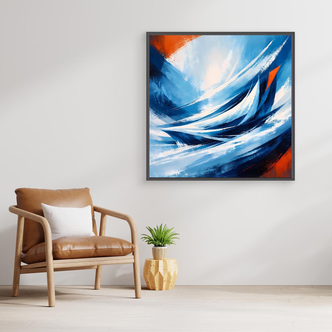 Abstraktes Leinwandbild mit dynamischen blauen Wellen, weißem Schwung und orangefarbenen Akzenten