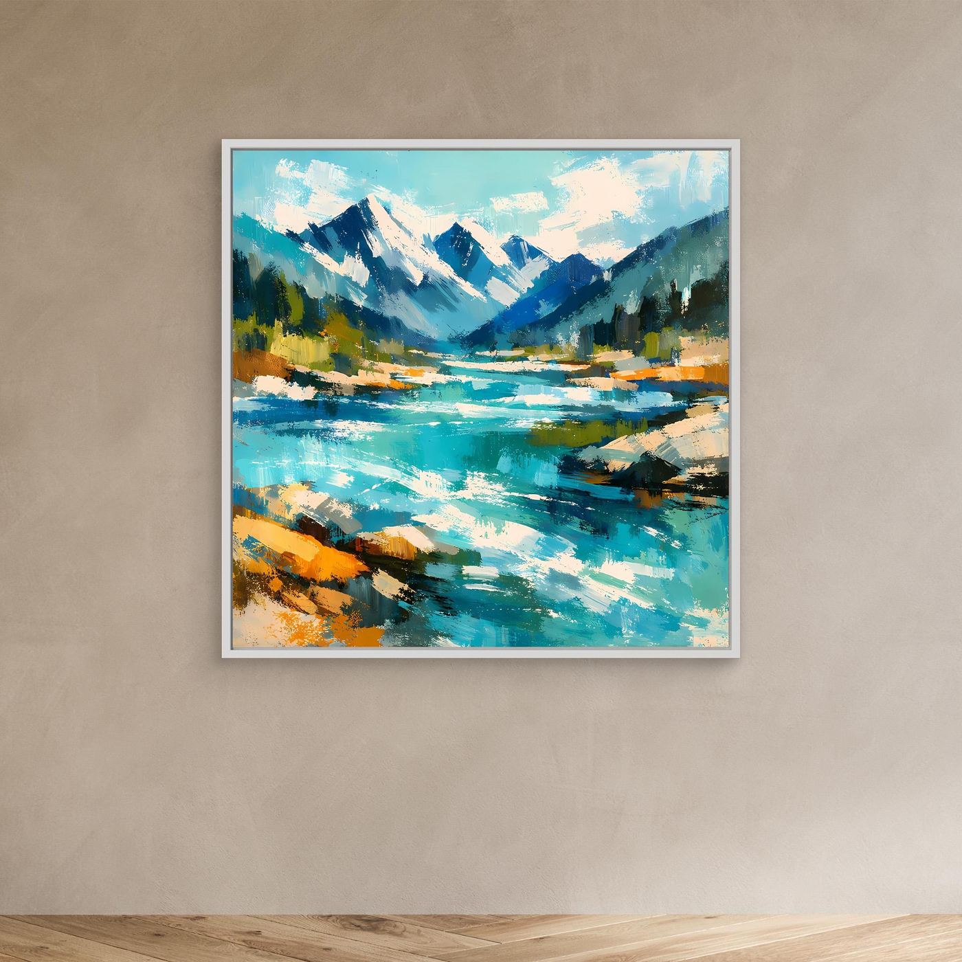 Abstraktes Leinwand-Wandbild mit Berglandschaft und Fluss, türkis und blau, weißer Rahmen