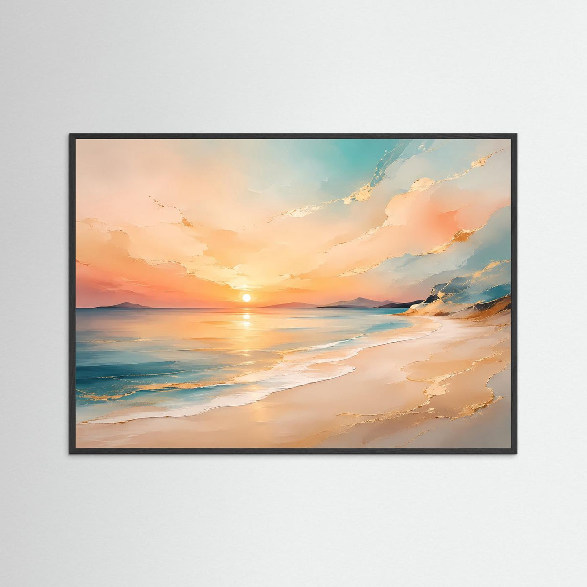 Poster mit Strand bei Sonnenuntergang, querformat mit schwarzem Rahmen