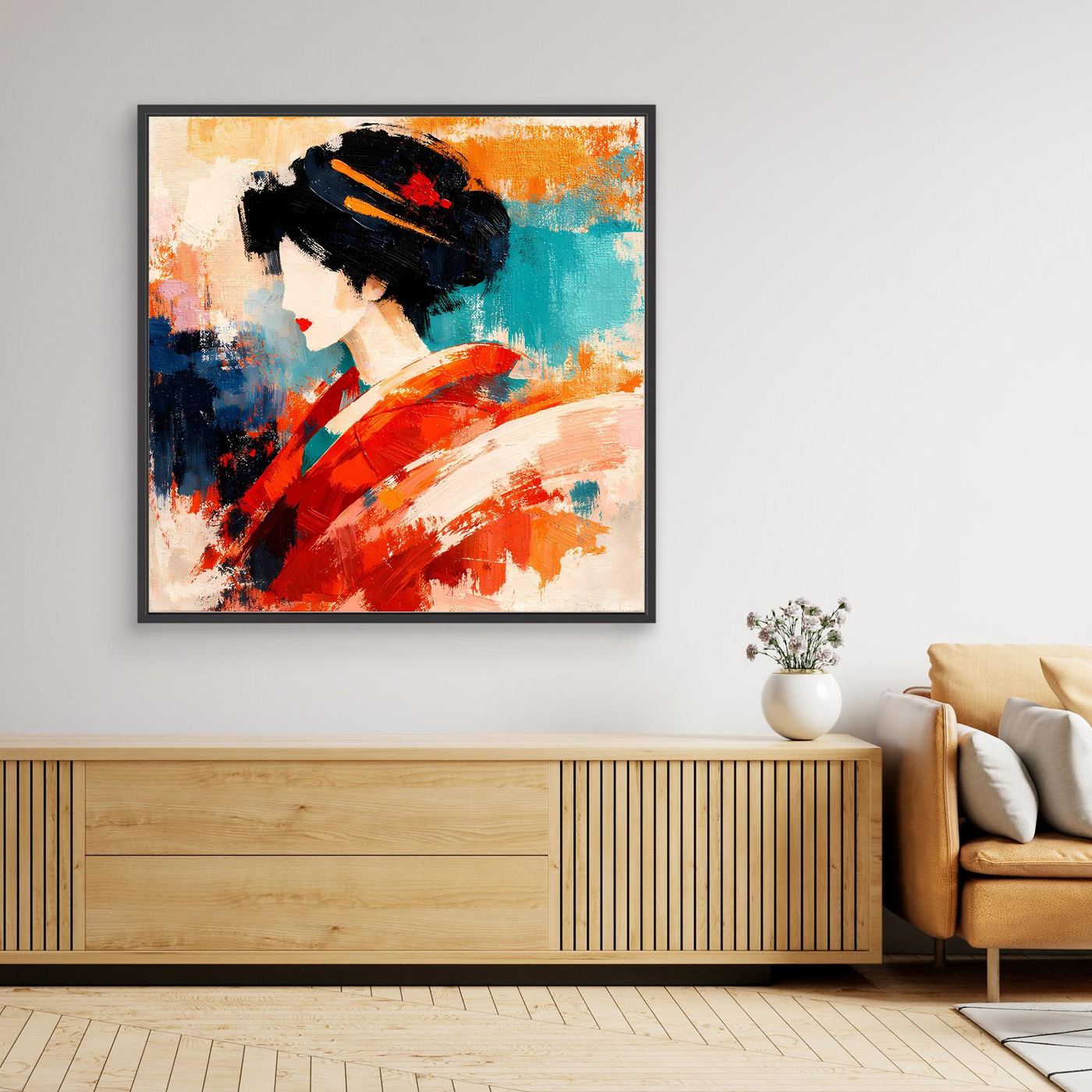 Framed canvas wall art of a geisha in a red and teal abstract kimono, black frame