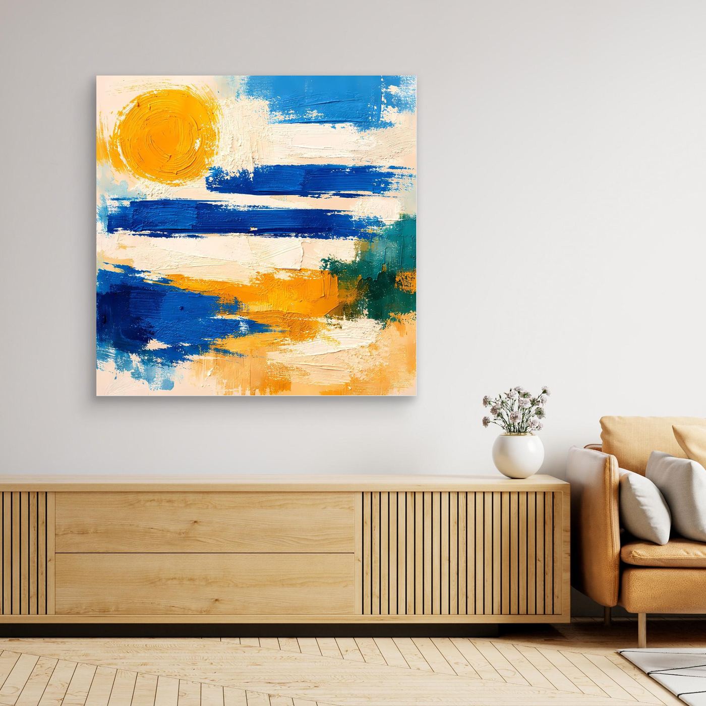 Abstract seascape wall art with sunlike circle, blue and yellow strokes, no frame