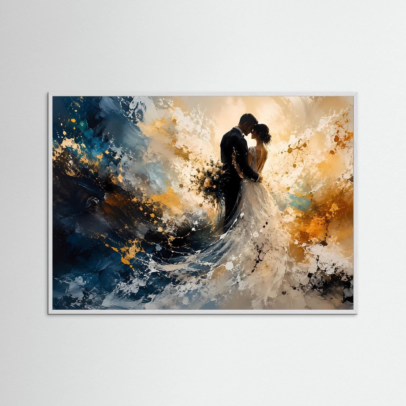 Abstraktes Hochzeits-Poster | Brautpaar in Gold, Blau & Weiß | Romantisches Wandbild im Querformat