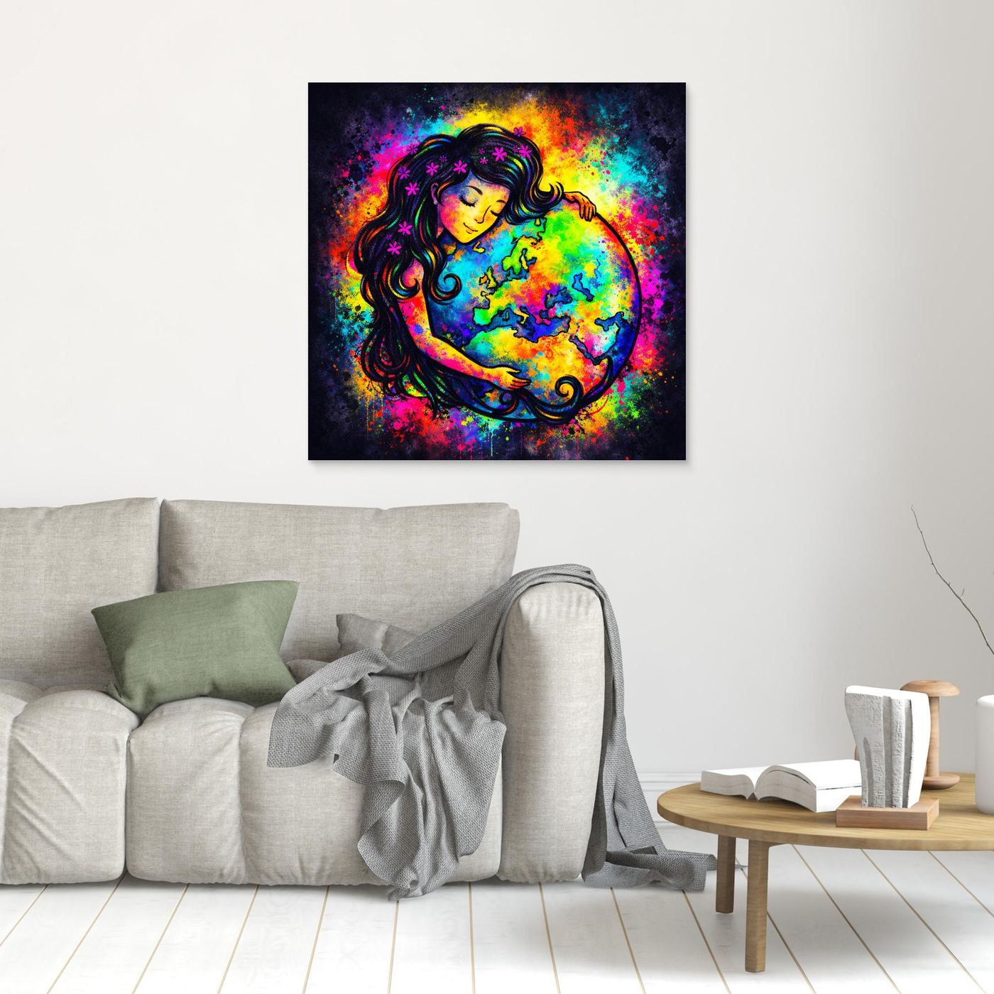 Kleines gerahmtes Leinwandbild: stilisierte Frau mit Weltkugel, buntes abstraktes Motiv