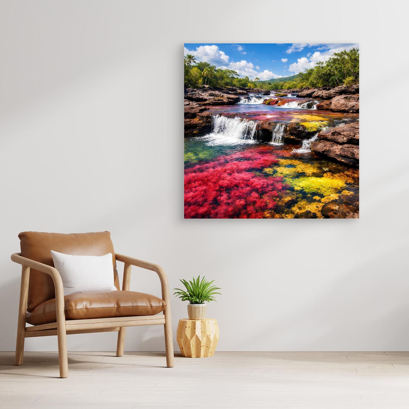 Leinwandbild zeigt den Wasserfall im Caño Cristales mit leuchtenden Rot- und Gelbflächen