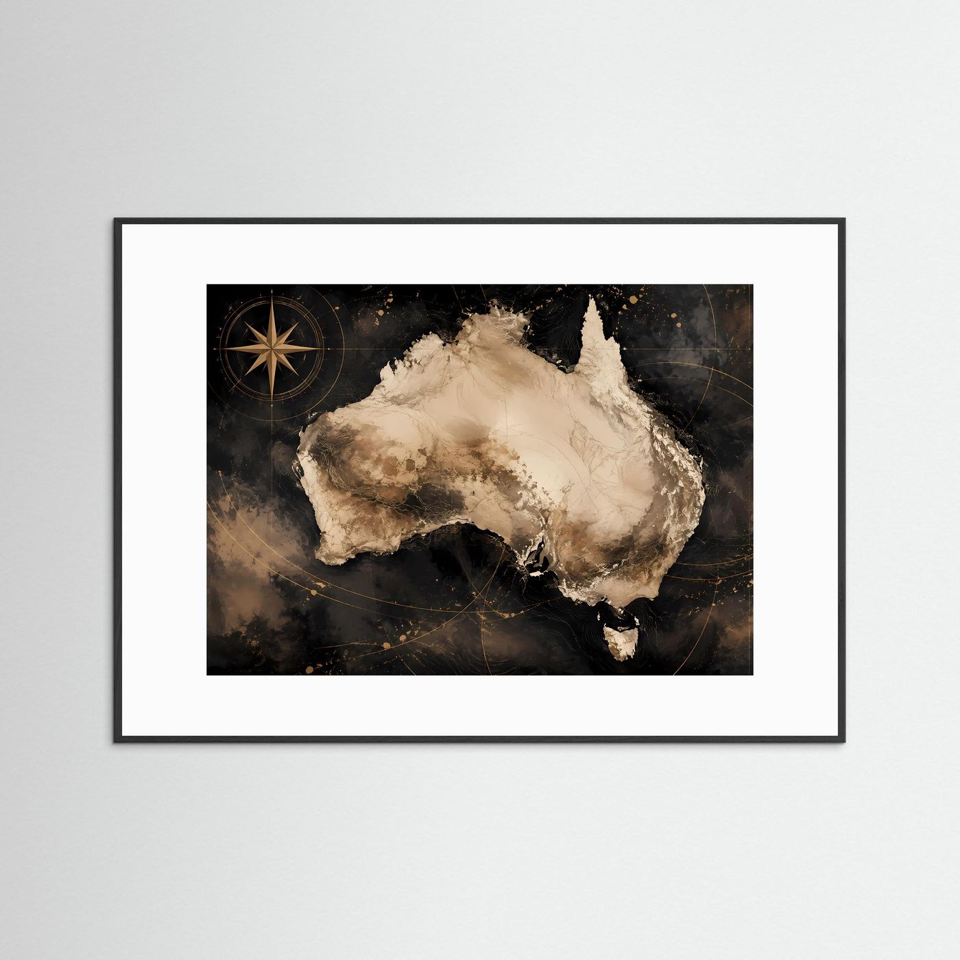 Australien-Wandkunst Poster im schwarzen Rahmen mit weißem Passepartout, Kontinent in Beige