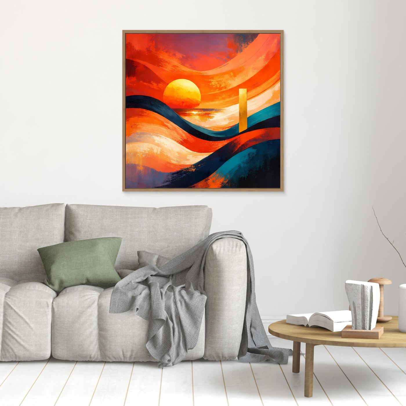 Leinwandbild mit abstraktem Sonnenuntergang: gelbe Sonne, farbige Wellen in Orange und Blau, Rahmen braun