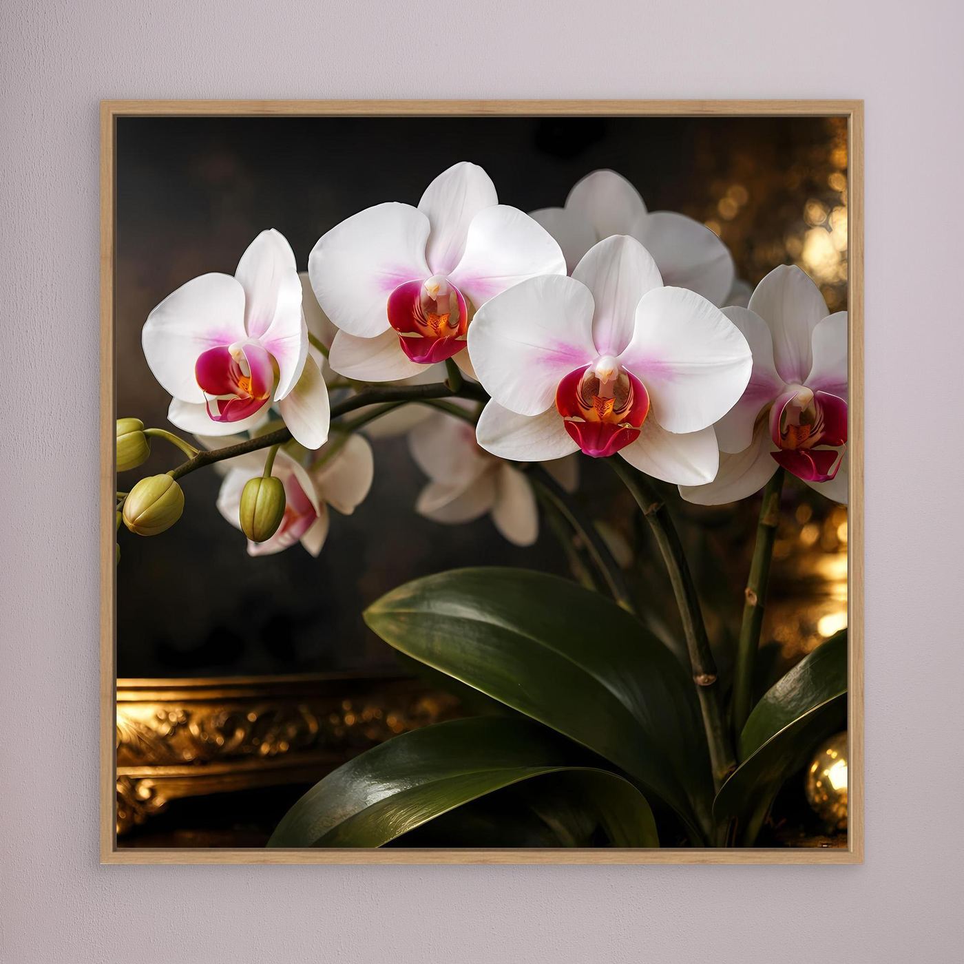 Orchideenblüten-Leinwandbild mit goldfarbenem Rahmen, weiße Blüten und grüne Blätter