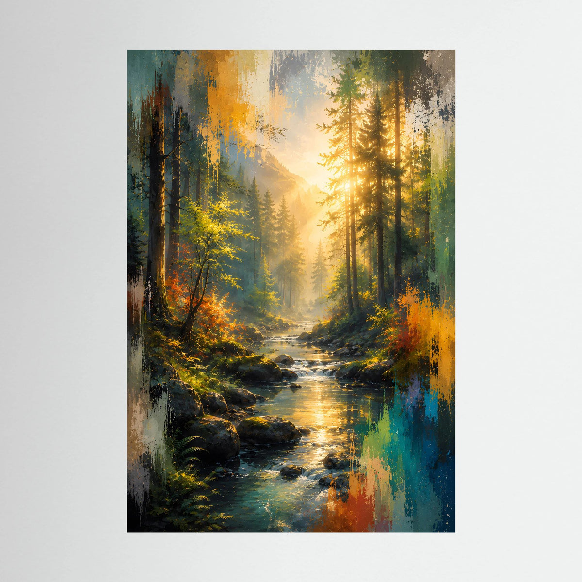 Kunstposter Hochformat: abstrakter Wald mit Bach und Sonnenlicht
