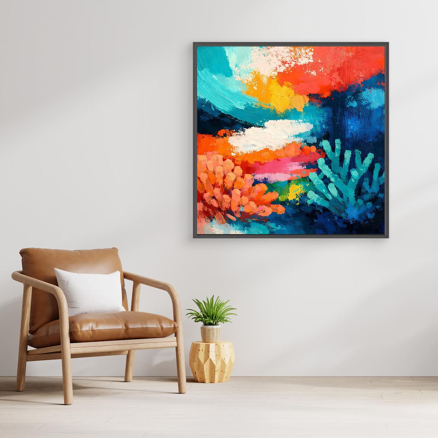 Abstraktes Leinwand-Wandbild mit Korallenriff-Motiv in Blau, Orange und Grün, mit goldfarbenem Rahmen