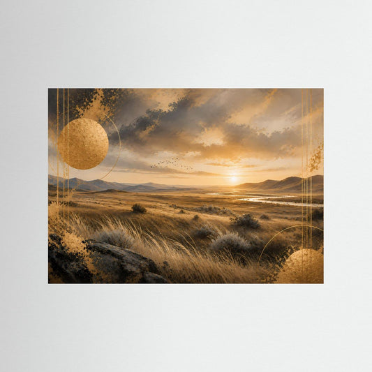 Querformatiges Poster mit Steppenlandschaft bei Sonnenuntergang, goldener Kreis-Optik und Gräsern