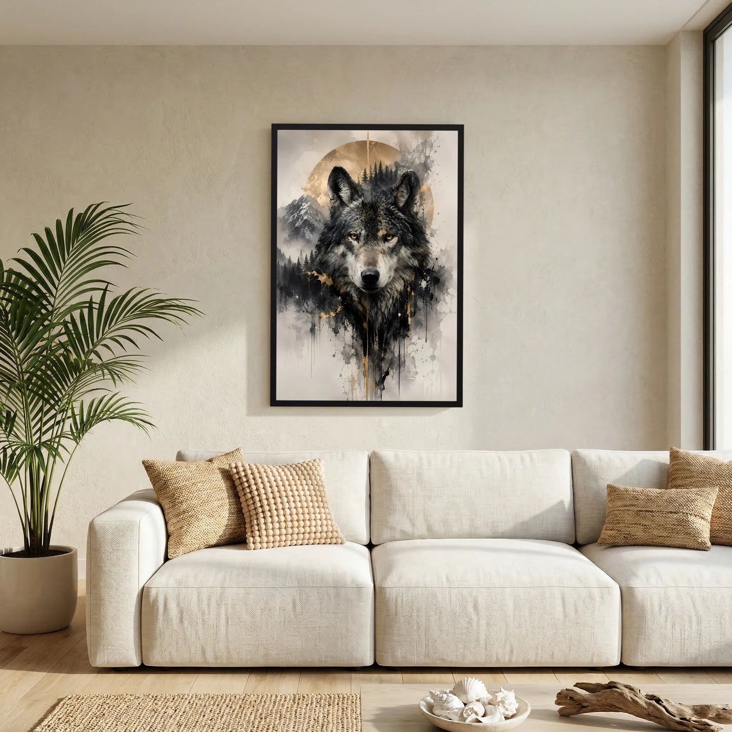 Gerahmtes Wolfposter mit schwarzem Rahmen, Wolfporträt in Schwarz und Goldakzenten