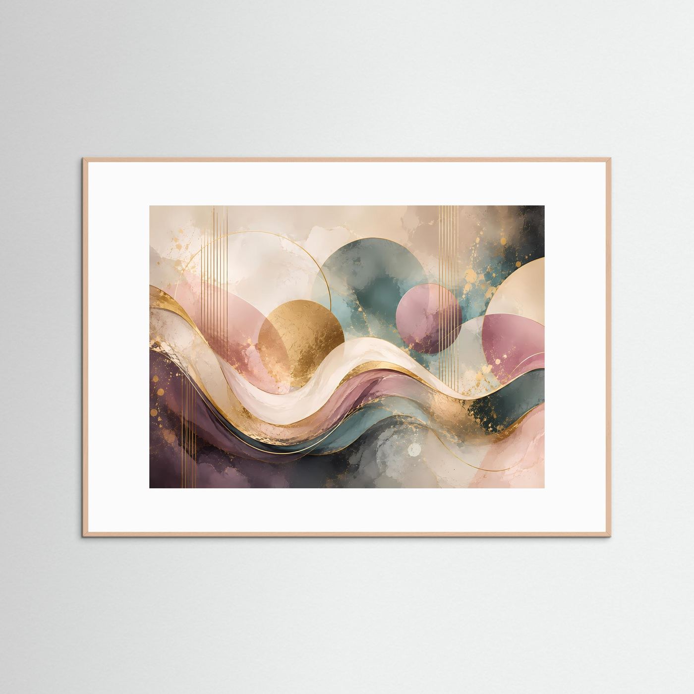 Abstrakte Wellen Poster Querformat | Moderne Wandkunst in Rosa, Gold, Petrol & Creme | Elegantes Luxus Wandbild mit geometrischen Formen