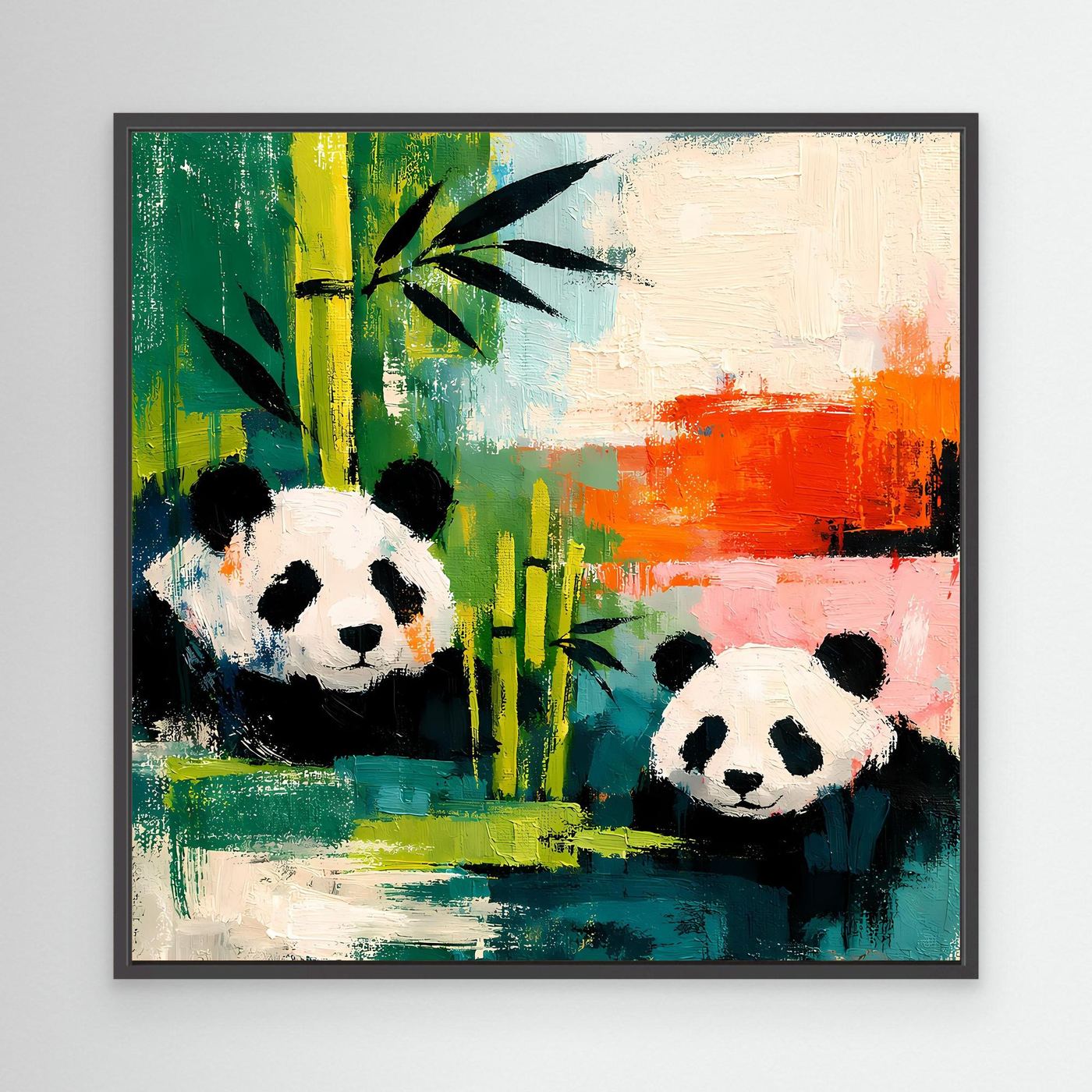 Black-framed canvas wall art with two pandas and abstract bamboo greenery.